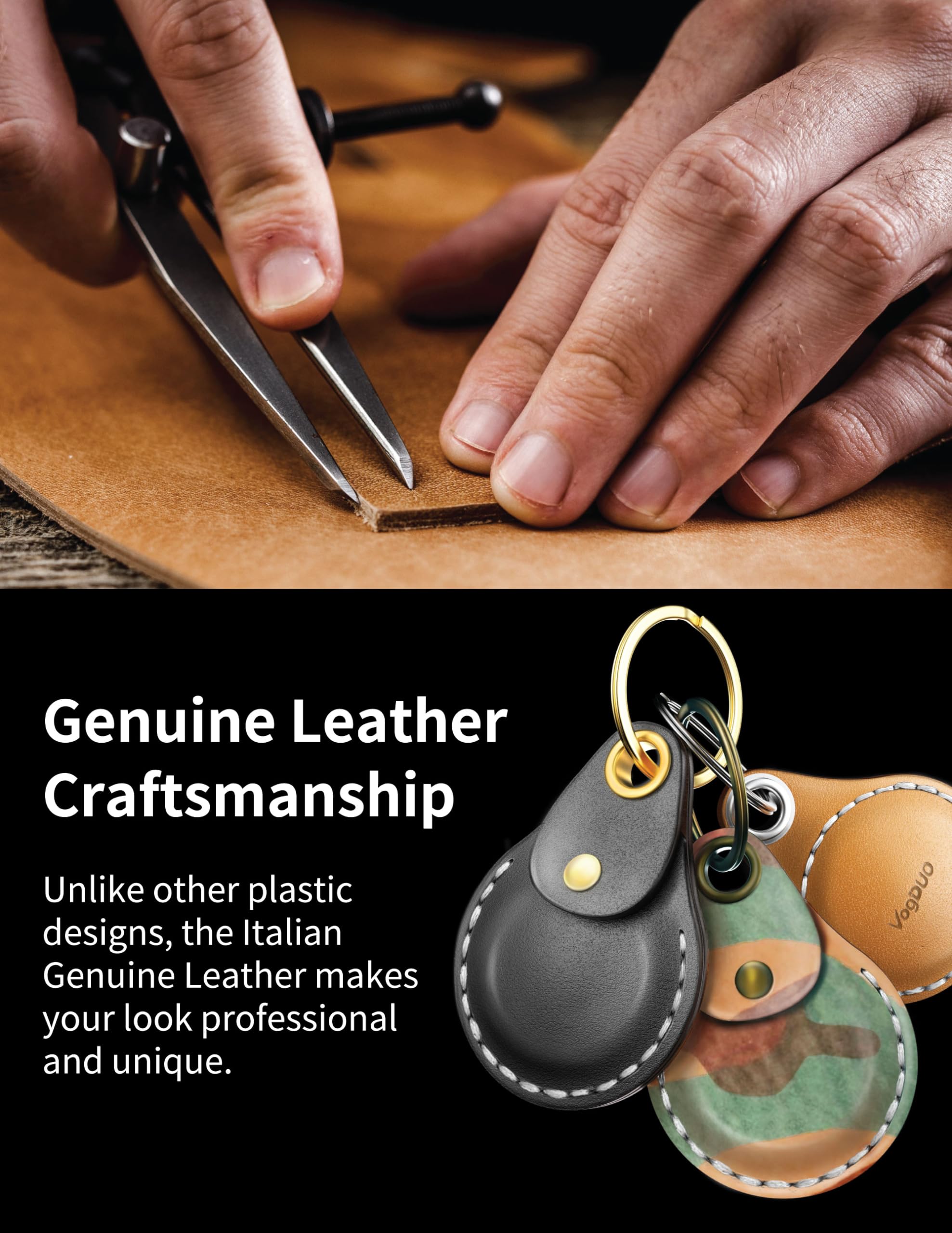 Vogduo Leather Airtag Keychain Case   Full Cover With Clip Braided Lanyard Metal Key Ring Holder Enclosure For Wallet, Backpack,