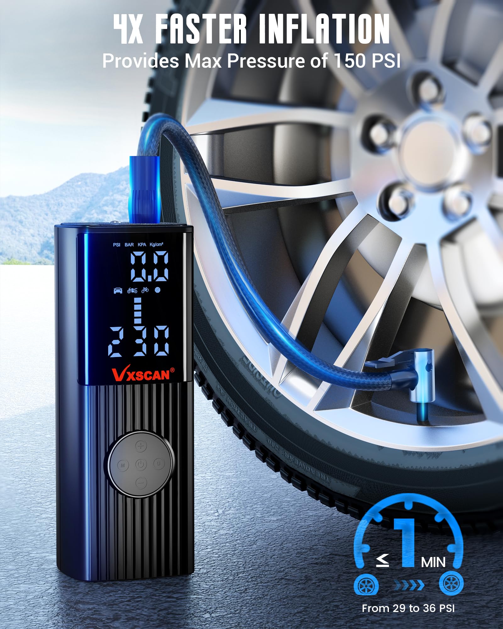 Vxscan Tire Inflator Portable Air Compressor For Car Tires, 150 Psi & 20000Mah Battery 4X Fast Inflation Cordless Tire Pump, 12V