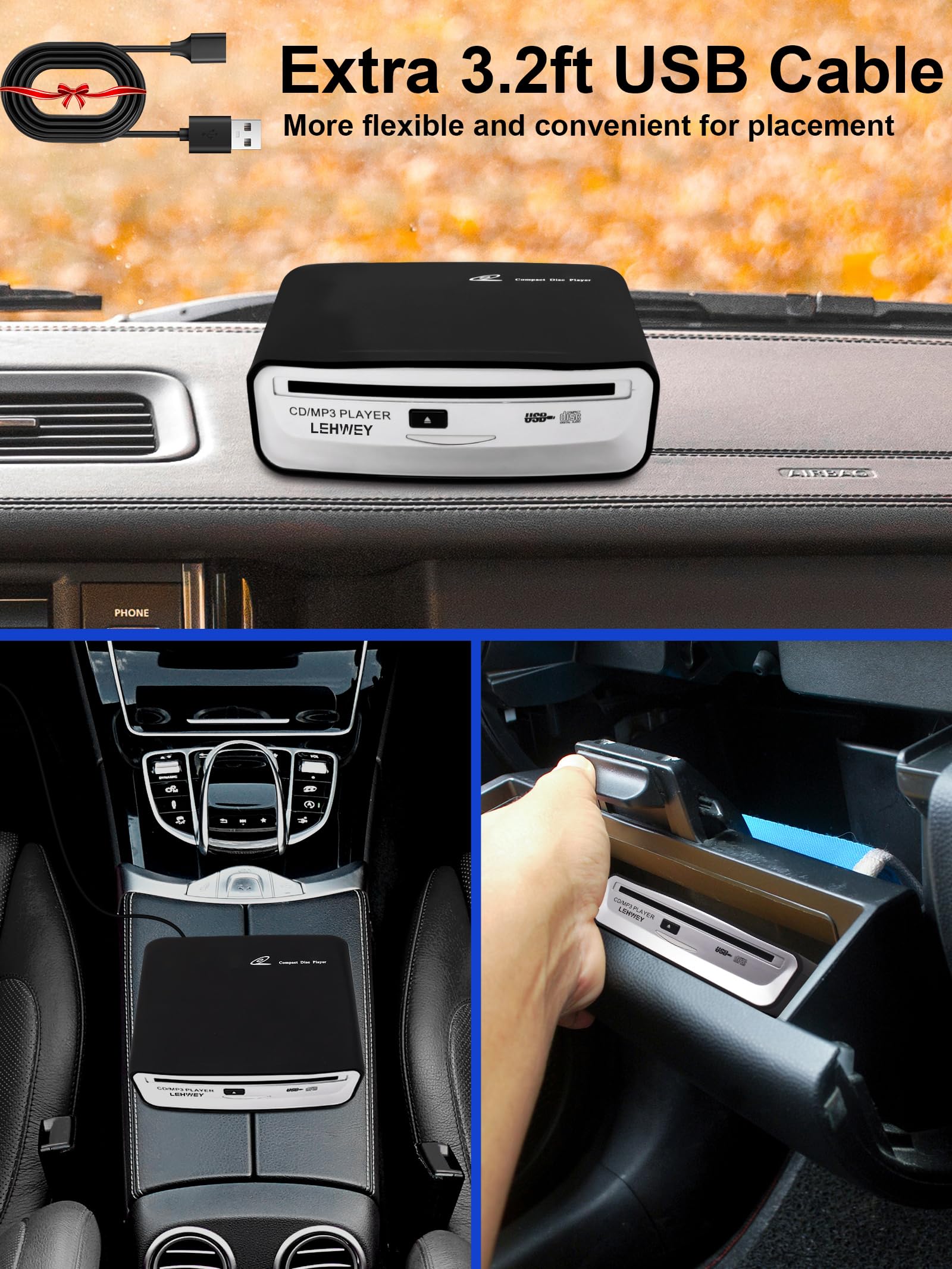 External Universal Cd Player For Car   Lehwey Portable Cd Player With Extra Usb Extension Cable, Plugs Into Car Usb Port, Laptop