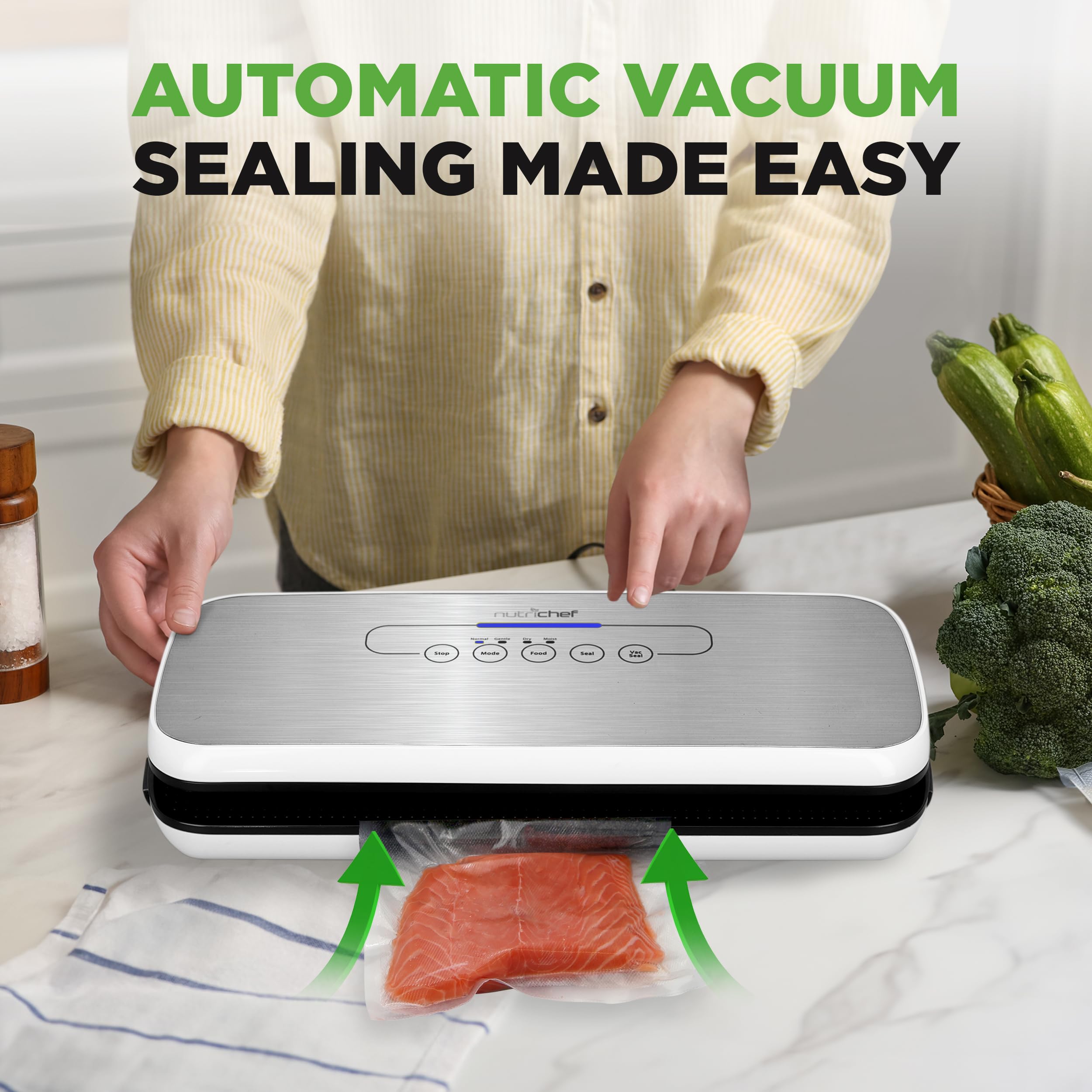 Nutrichef Vacuum Sealer Machine   Compact Silver Vacuum Sealing System With Dry & Moist Modes, Led Indicators, Starter Kit & Ext