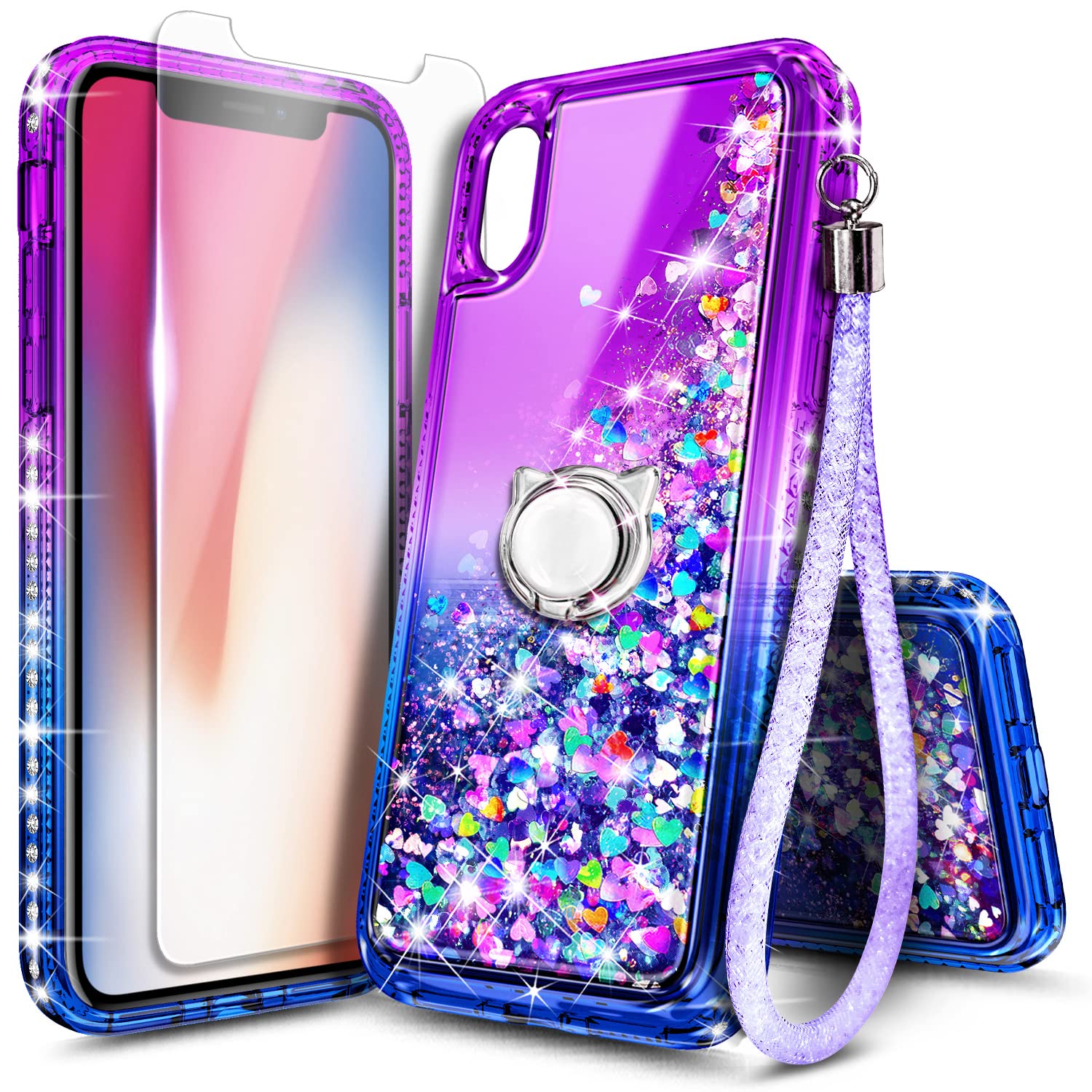 Ngb Case For Iphone Xr With Tempered Glass Screen Protector, Ring Holder/Wrist Strap, Girls Women Liquid Bling Sparkle Flowing F