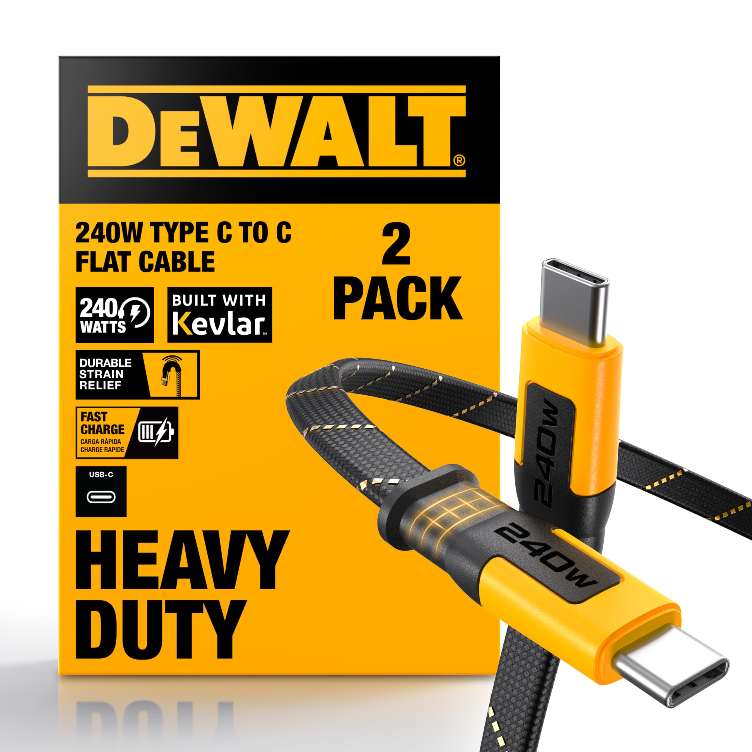 DEWALT Heavy Duty USB C to USB C Fast Charging Cables w/Kevlar, Flat 240W USBC to USBC Charge Cables, High Speed Type C Charging