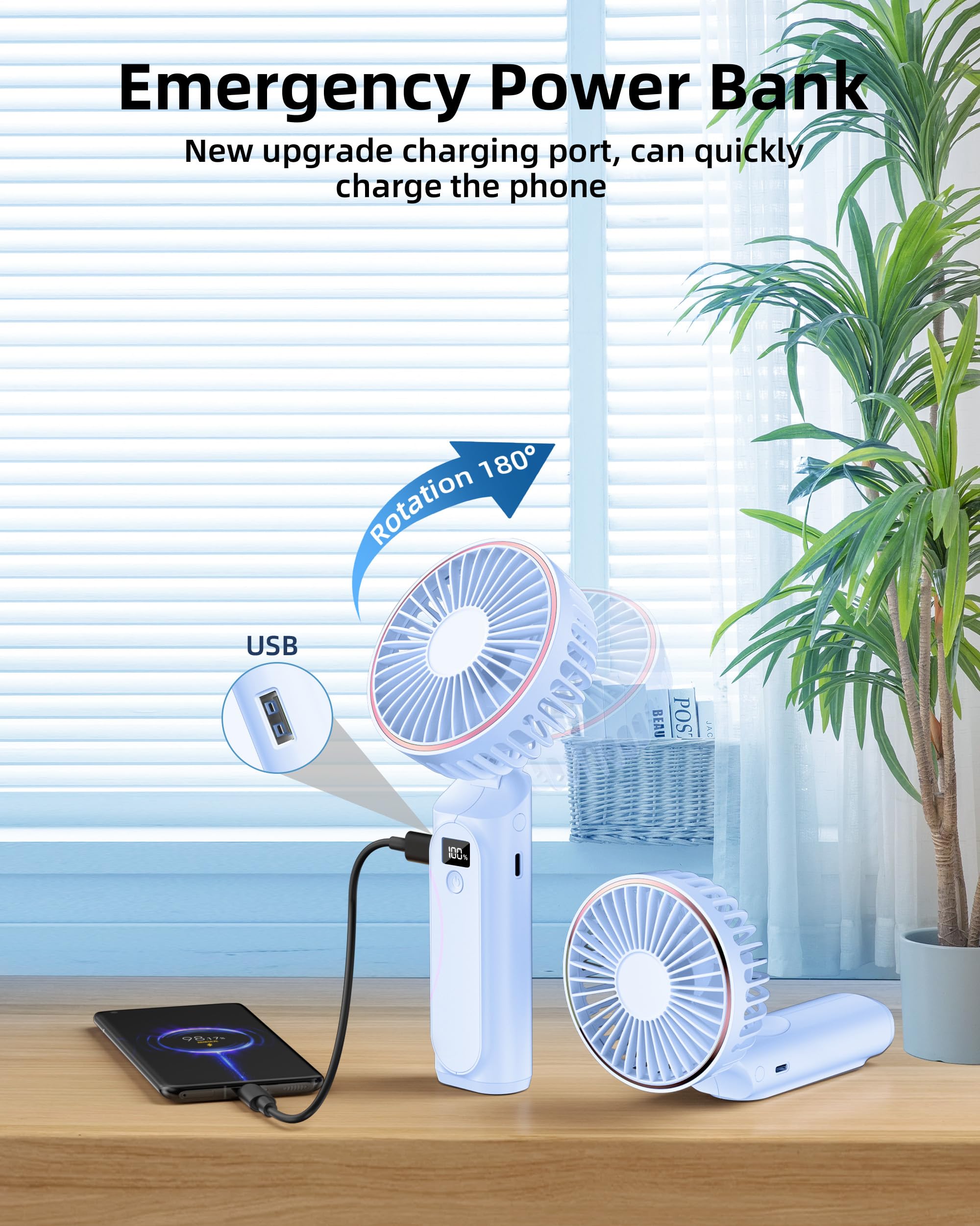 Tunise Portable Handheld Fan, Portable Fan Rechargeable, 4000Mah, 180 Adjustable, 6 Speed Wind, Display Electricity In Real Time