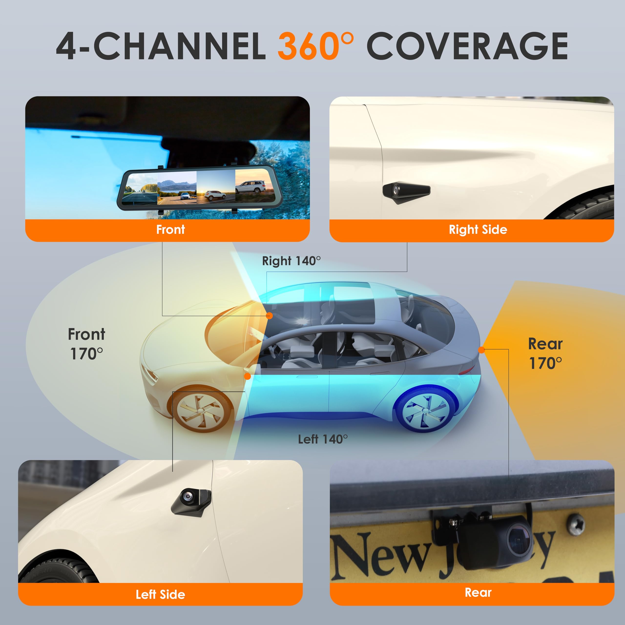 Uzivo U24 Mirror Dash Cam, 4 Channel, 12    Touchscreen, 1080P, 170 Wide Angle, Stream Media, Auto Backup Camera For Car, Truck,