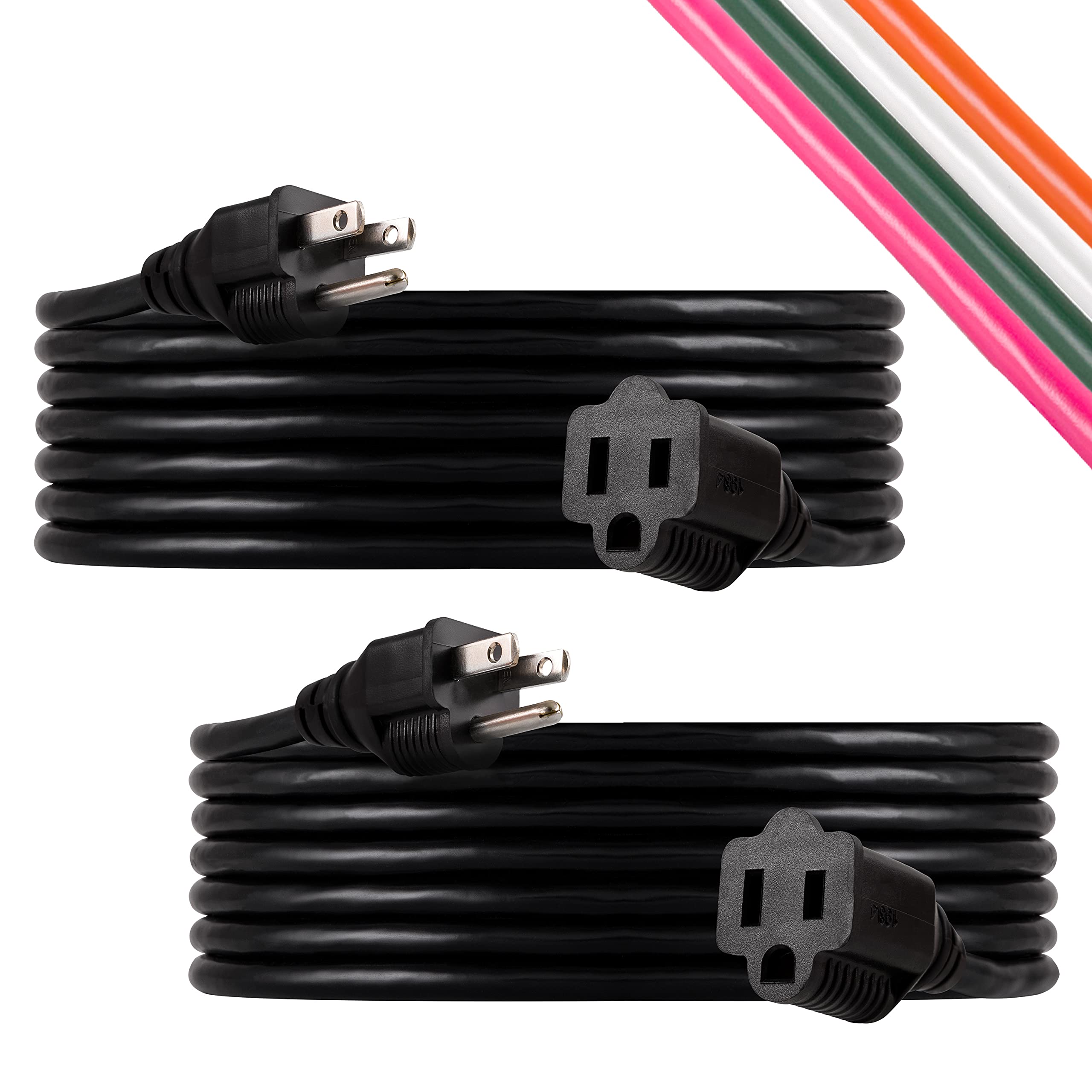 Ultrapro Outdoor Extension Cord, 15 Ft, Heavy Duty, Ul Certified 3 Prong, 16 Awg 125 Vac, Multipurpose Long, 2 Pack, Black