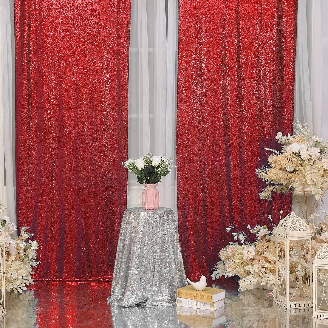 Squarepie Sequin Curtain 2Ft X 8Ft 2Pcs Red Backdrop Background Sparkly For Wedding Party Decoration