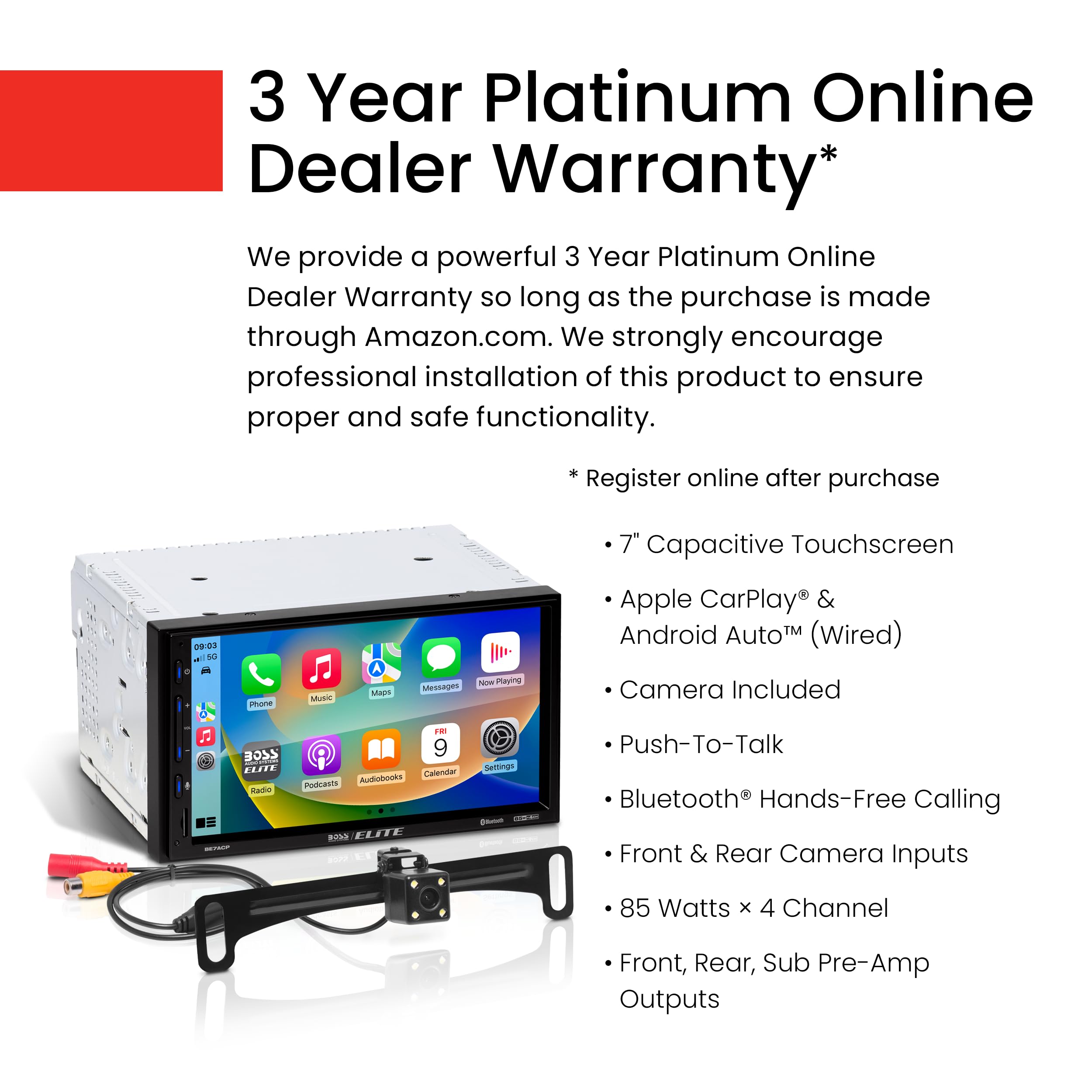 Boss Audio Systems Elite Be7Acp C Car Multimedia Player With Apple Carplay Android Auto   7 Inch Capacitive Touchscreen, Double