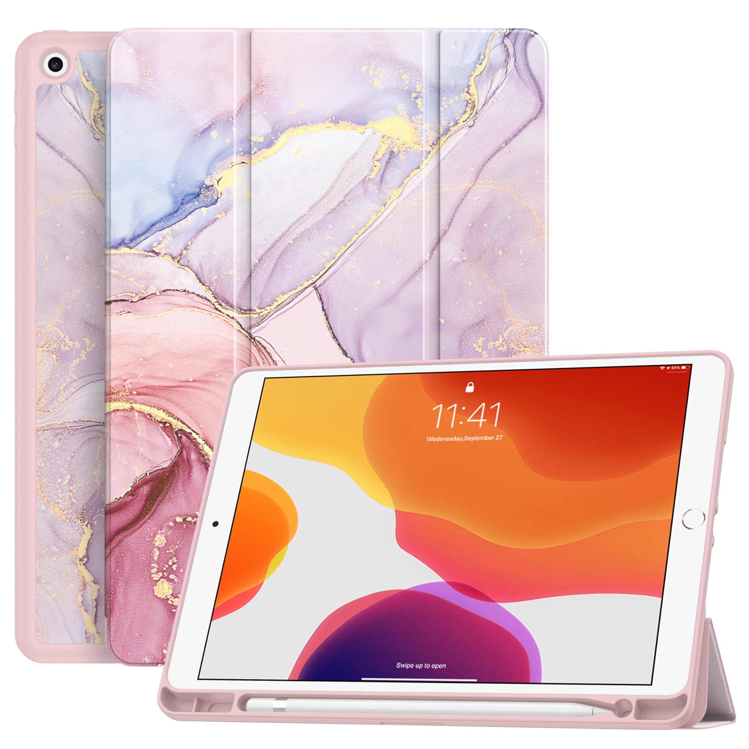 Soke Case For Ipad 9Th Generation 2021/8Th Gen 2020/7Th Gen 2019 With Pencil Holder   Premium Shockproof Case With Soft Tpu Back Cover & Auto Sleep/Wake For Ipad 10.2 Inch, Dreamy Marble