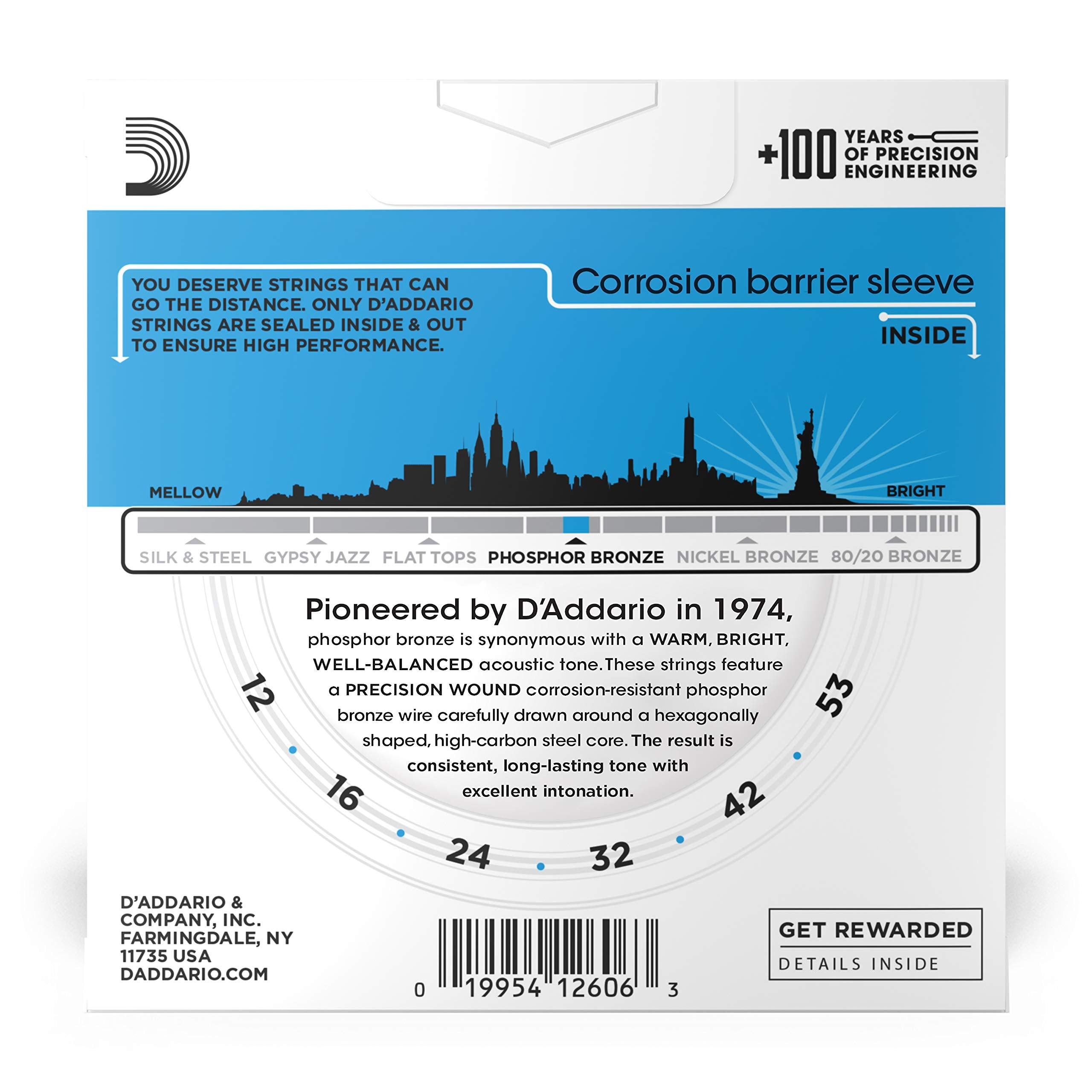 D'Addario Guitar Strings   Phosphor Bronze Acoustic Guitar Strings   Ej16 3D   Rich, Full Tonal Spectrum   For 6 String Guitars