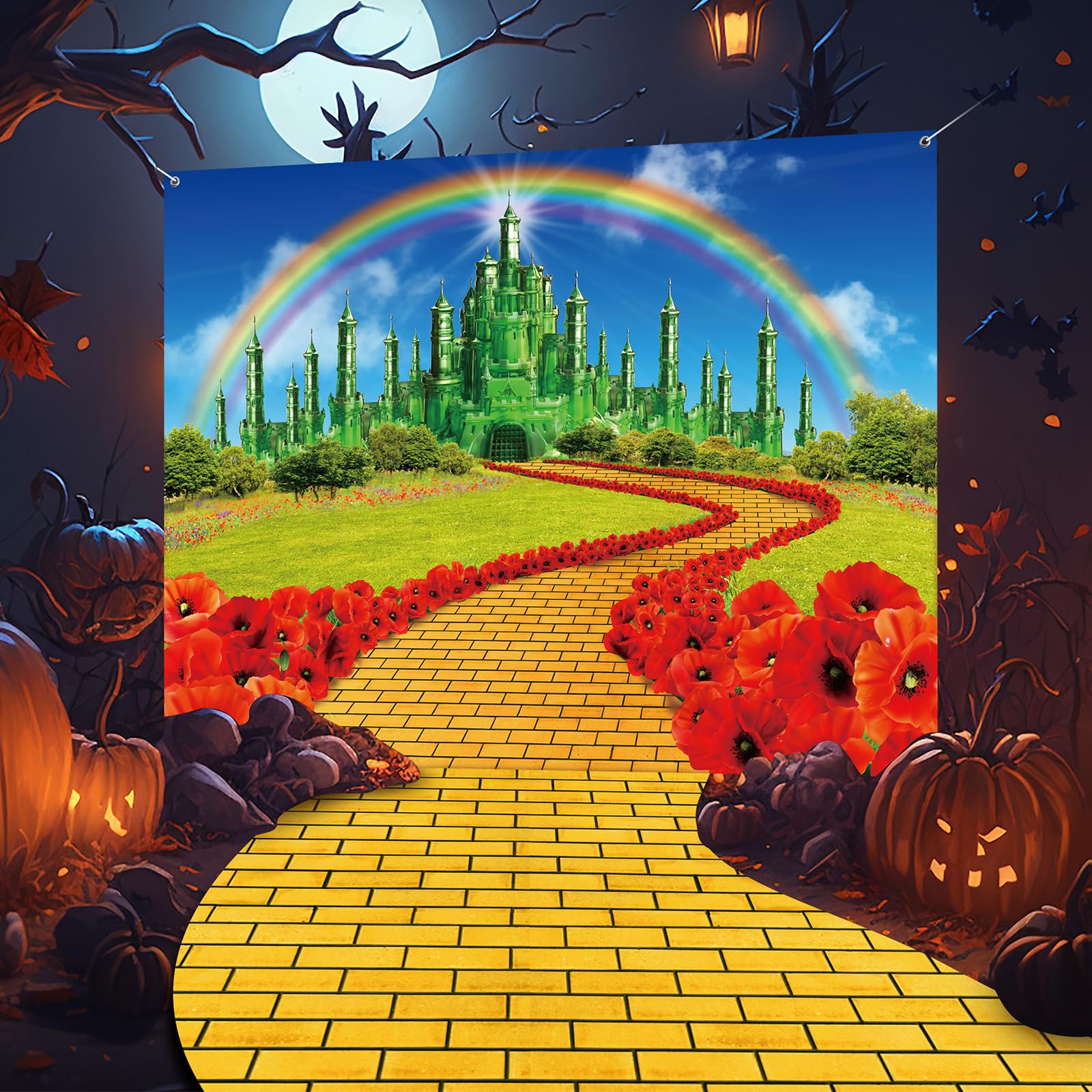 4Pack Yellow Brick Road Runner And Emerald Castle Backdrop For Wizard Party Decorations,Yellow Brick Stone Road Leading Emerald