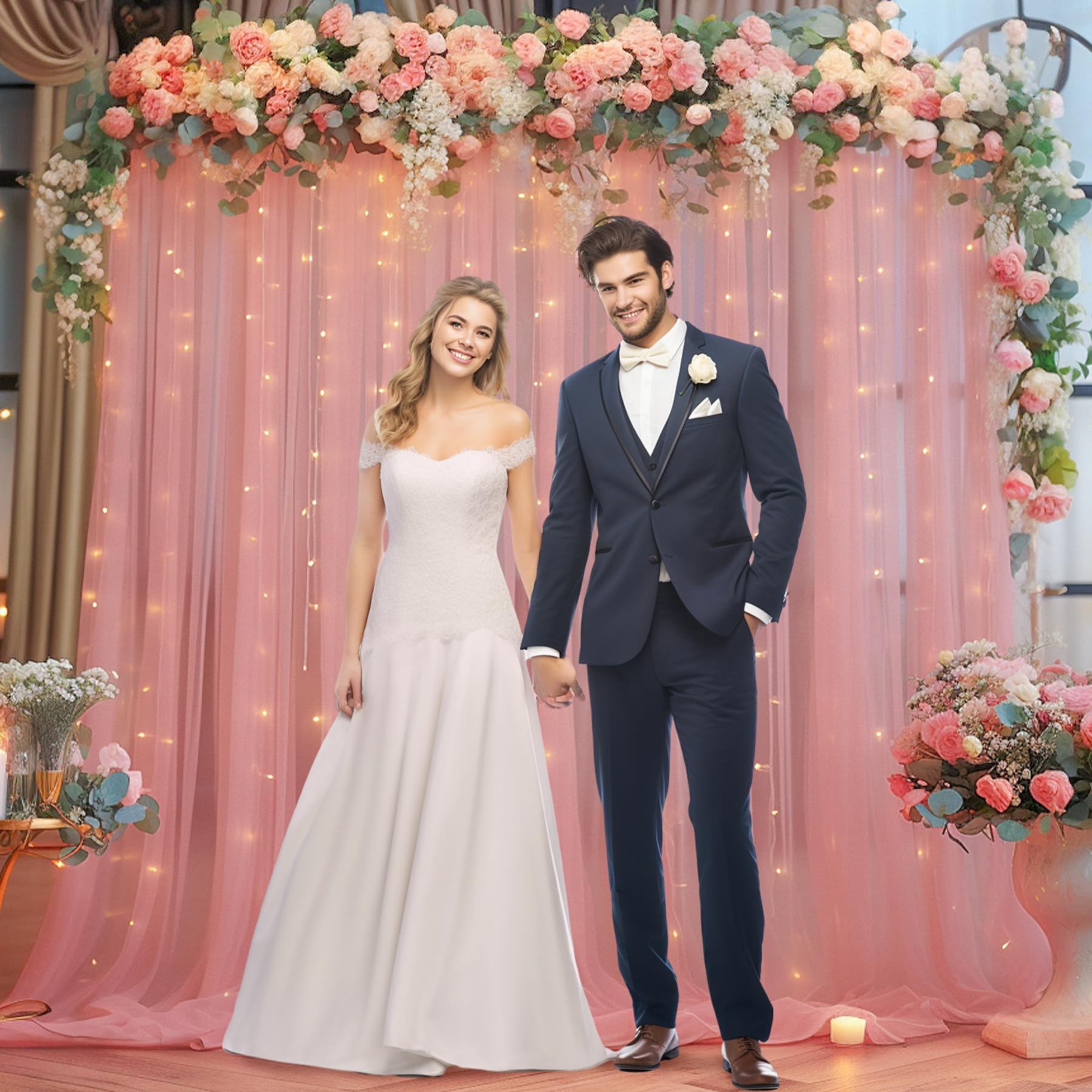 20X10Ft Dusty Rose Tulle Backdrop Curtain With Lights String For Parites, Sheer Backdrop Curtains For Wedding Baby Shower Birthd