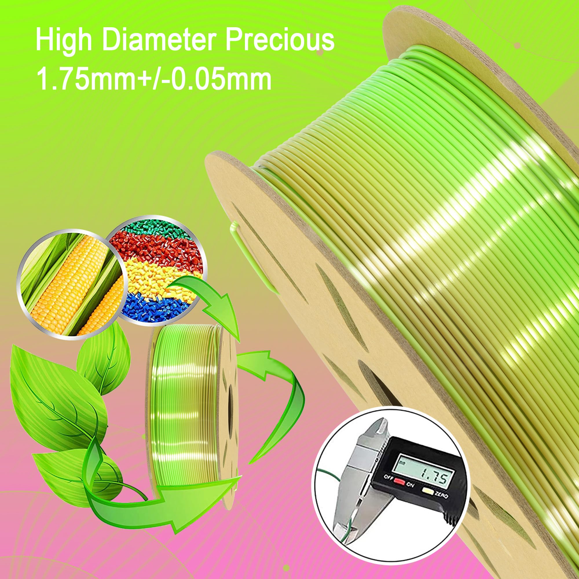 Do3D 3D Pla Silk Pink To Lime Green 2 Color Change 3D Printing Filament, Tidy Winding 1.75Mm Silk 2 Color Change Multi Colored S