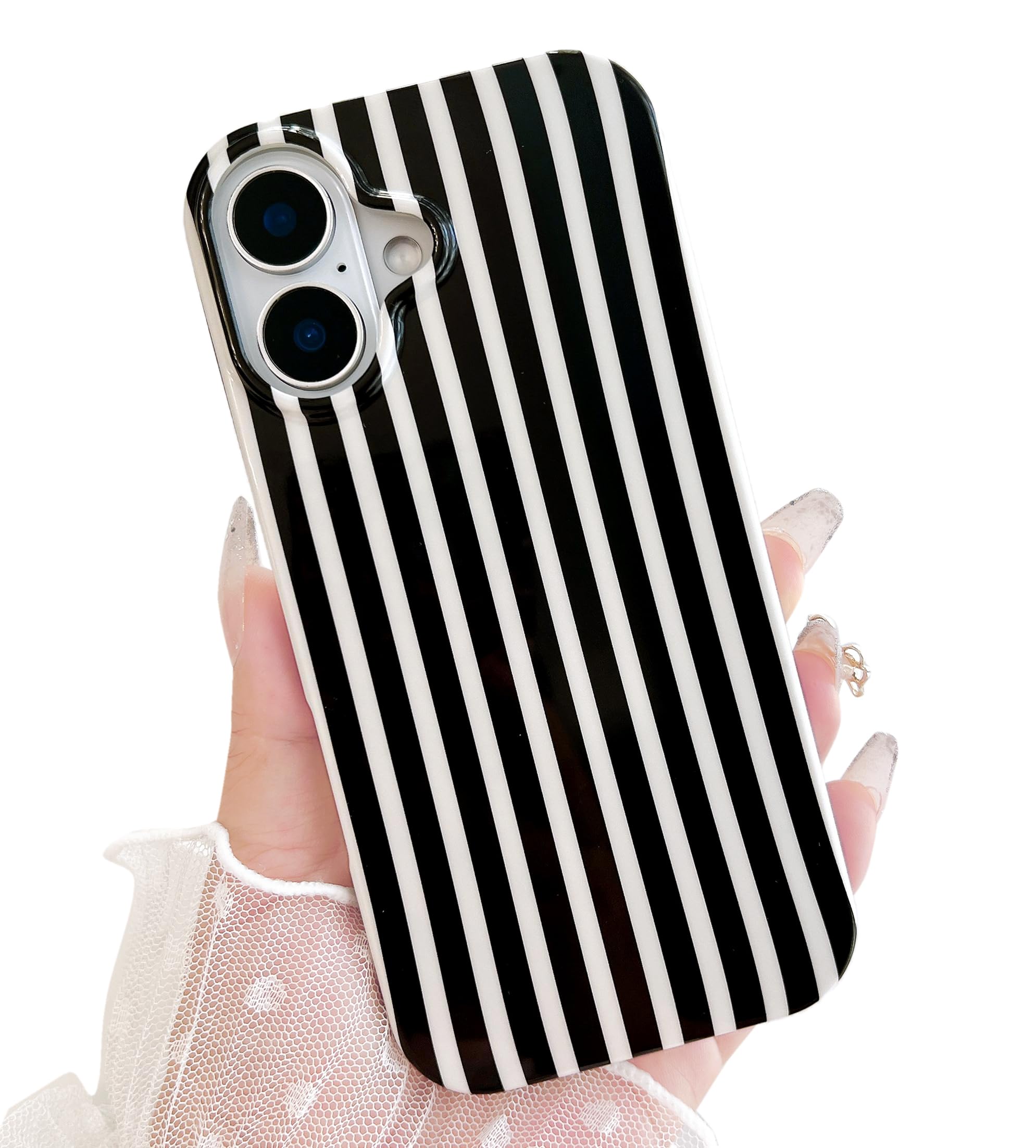 Qokey Compatible for iPhone 16 Case, Cute Stripes Aesthetics Phone Cover, Glossy Soft TPU Slim Lightweight Fashion Shockproof Ca