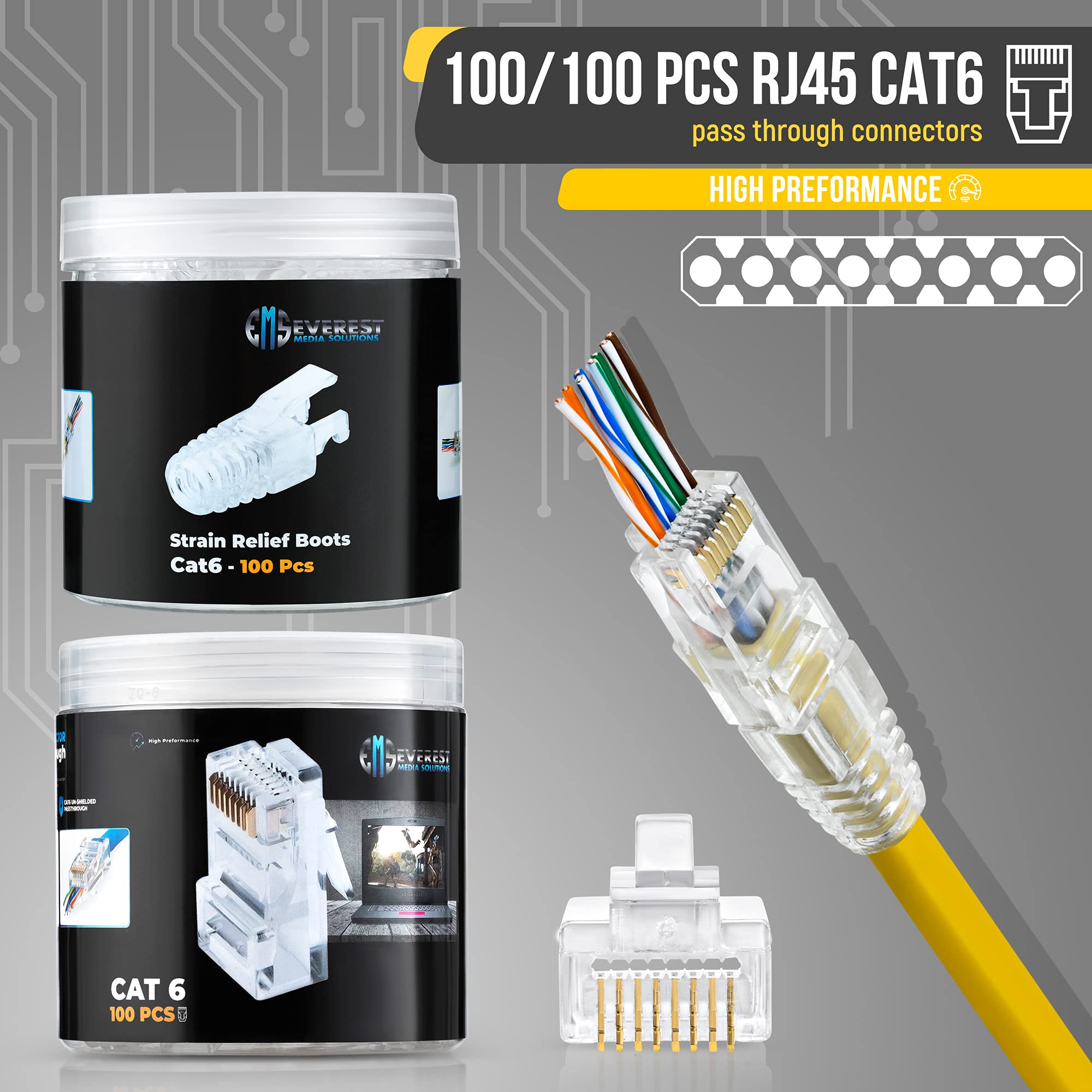 Everest Media Solutions Rj45 Cat6 Pass Through Connectors And Strain Relief Boots   Pack Of 100/100   Ez To Crimp Modular Plug F