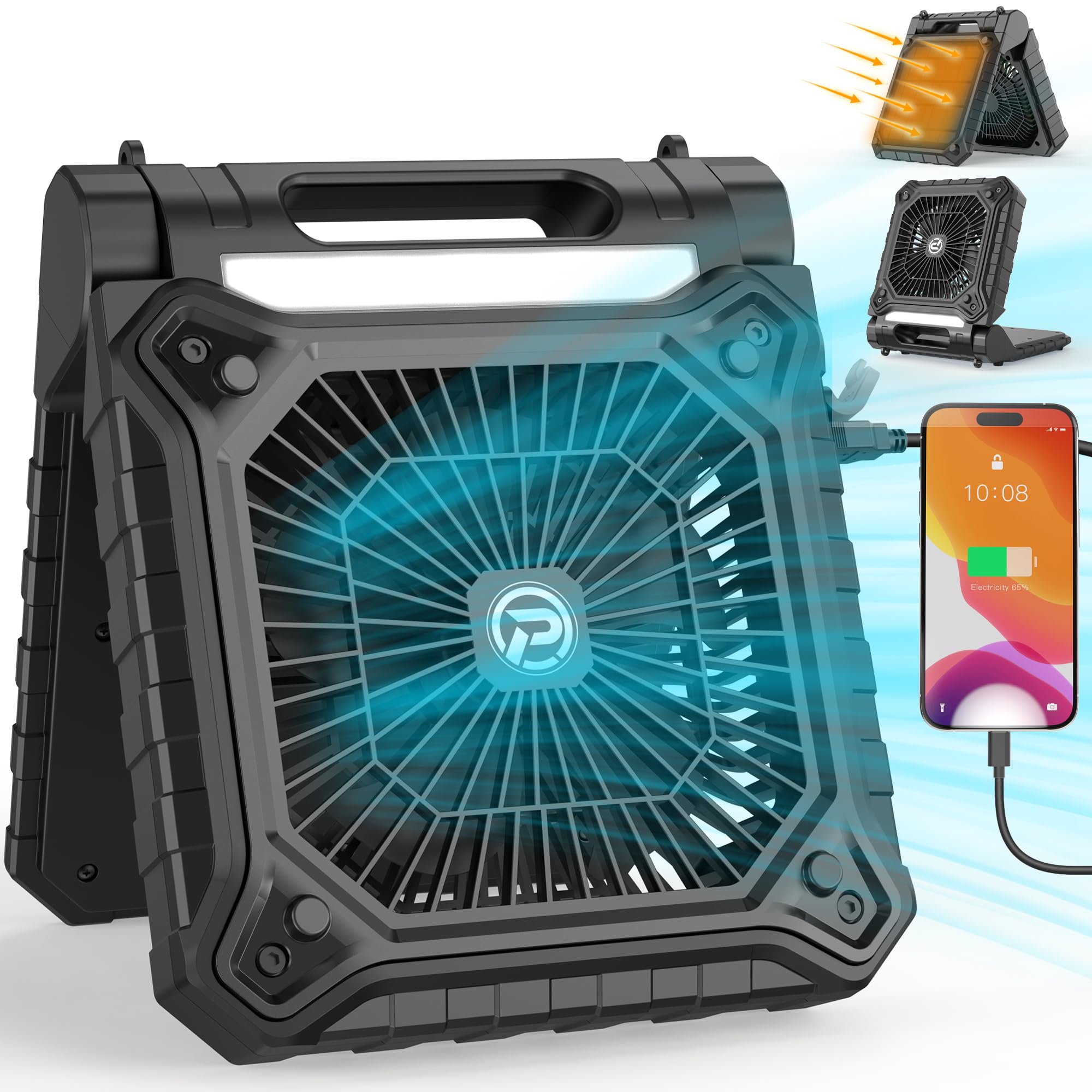 PANERGY Solar Fan with Lantern for Camping, Rechargeable Battery Powered Fan(38H cooling/48H lighting), 3-Speed, 6H Timer, 90Fol