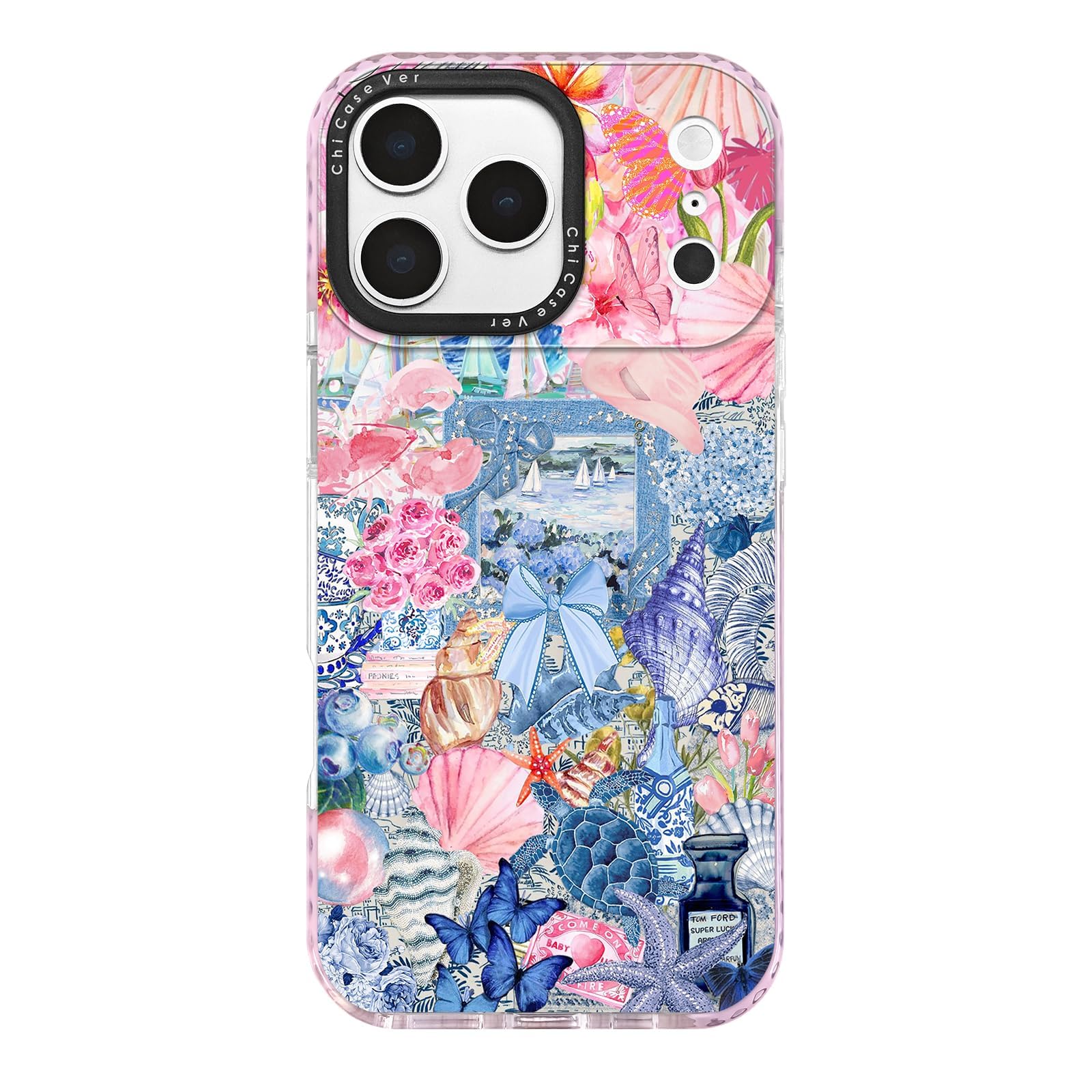 ChiCaseVer for iPhone 17 Pro Max Case,Vintage Coastal Collage with Floral,Turtle&Shells Pattern,Military-Grade Drop Protection,S