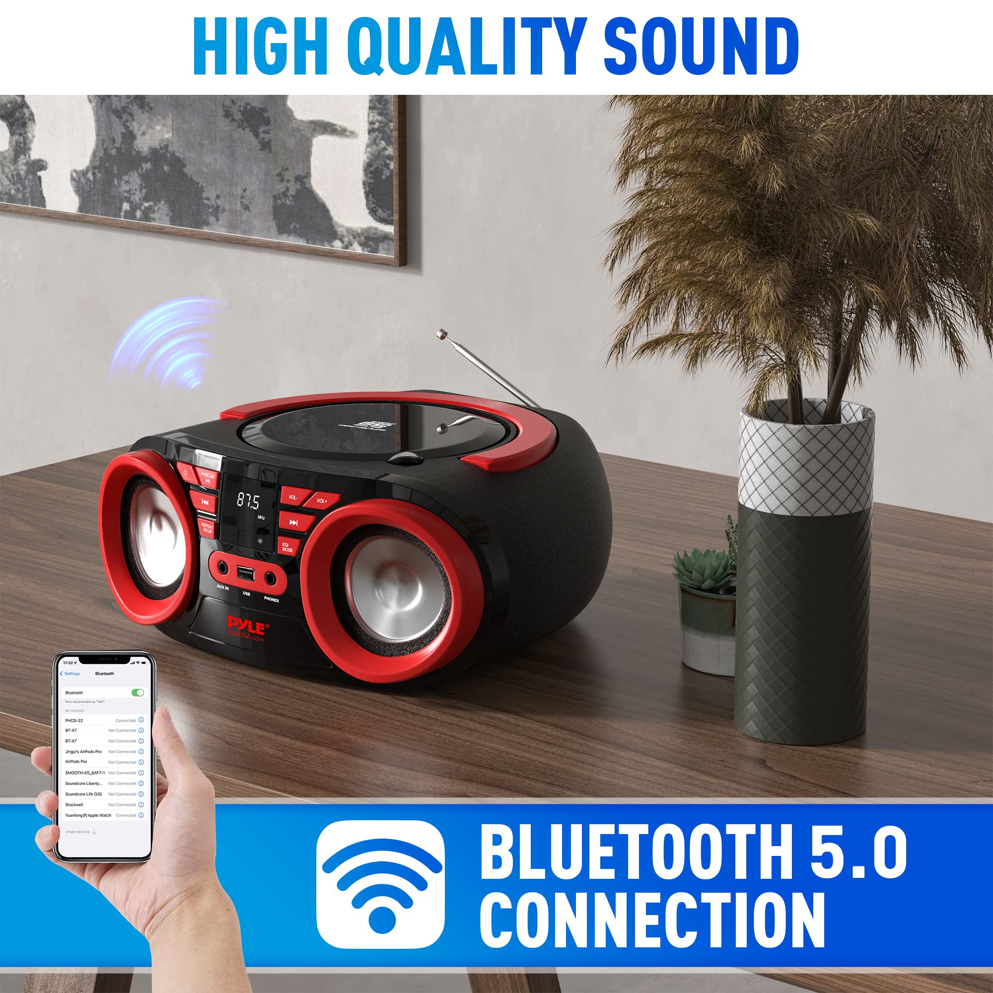Pyle Portable Cd Player Bluetooth Boombox Speaker   Am/Fm Stereo Radio & Audio Sound, Supports Cd R Rw/Mp3/Wma, Usb, Aux, Headph
