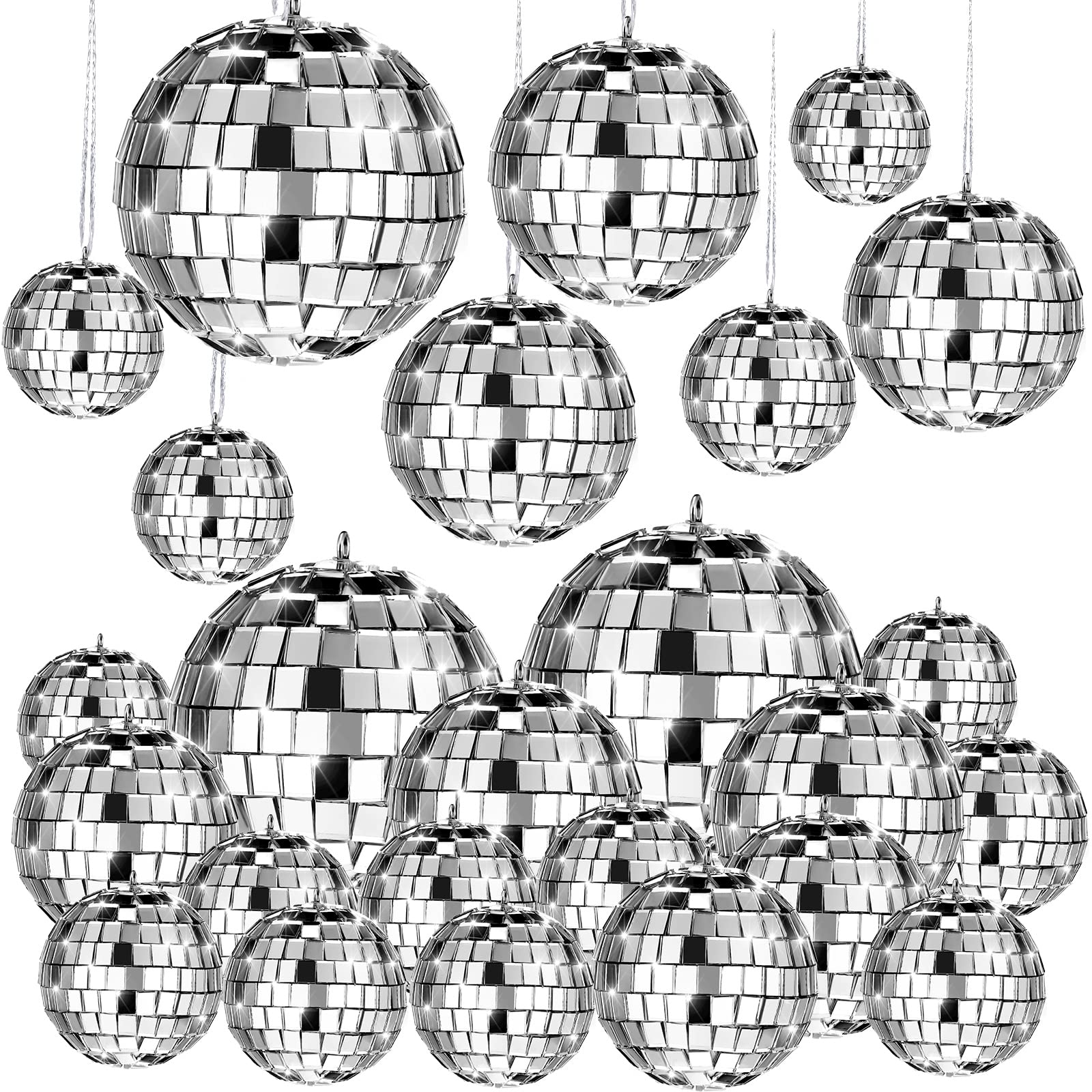 Mtlee Christmas Disco Balls Ornaments Hanging Mini Mirror Disco Balls With Rope Different Size Cake Topper Bulk Disco Themed Par