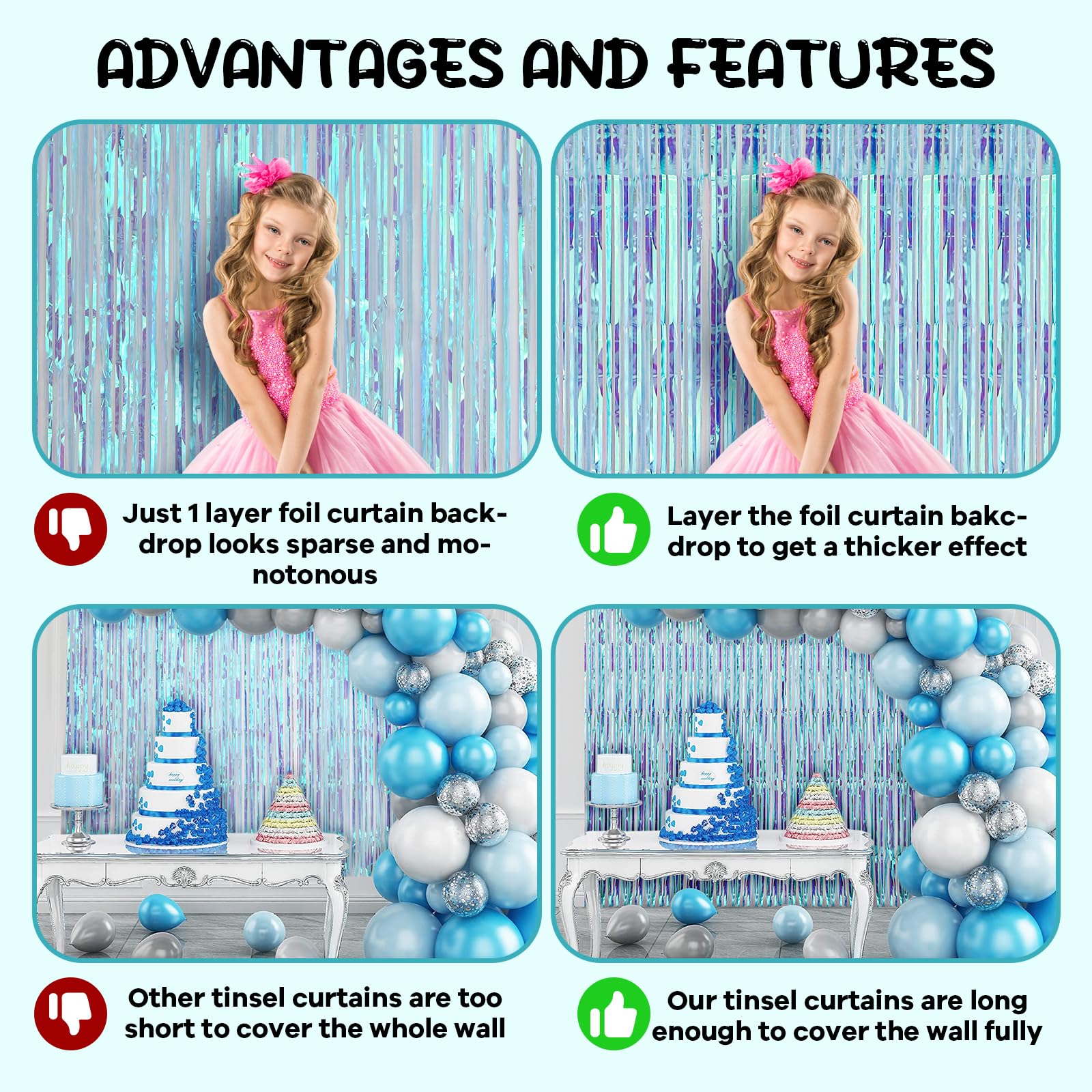 Voircoloria 4 Pack 3.3X8.2 Feet Neon Iridescent Foil Fringe Backdrop Curtains, Tinsel Streamers Birthday Party Decorations, Frin