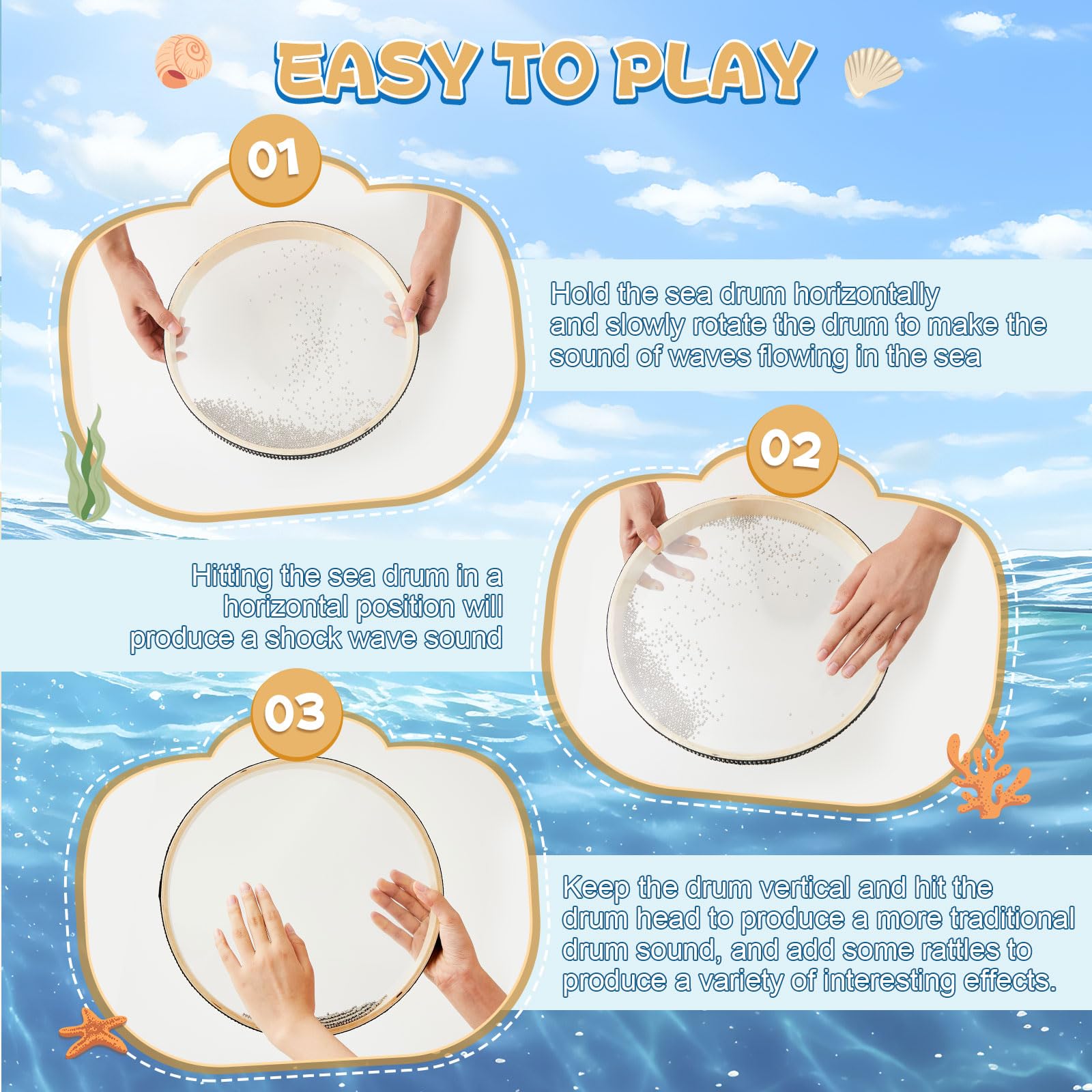 Fiada 5 Sizes 4 12'' Wave Bead Sea Drum Sea Sound Drum With Hardwood Shell Sound Healing Instruments Natural Color Musical Instr