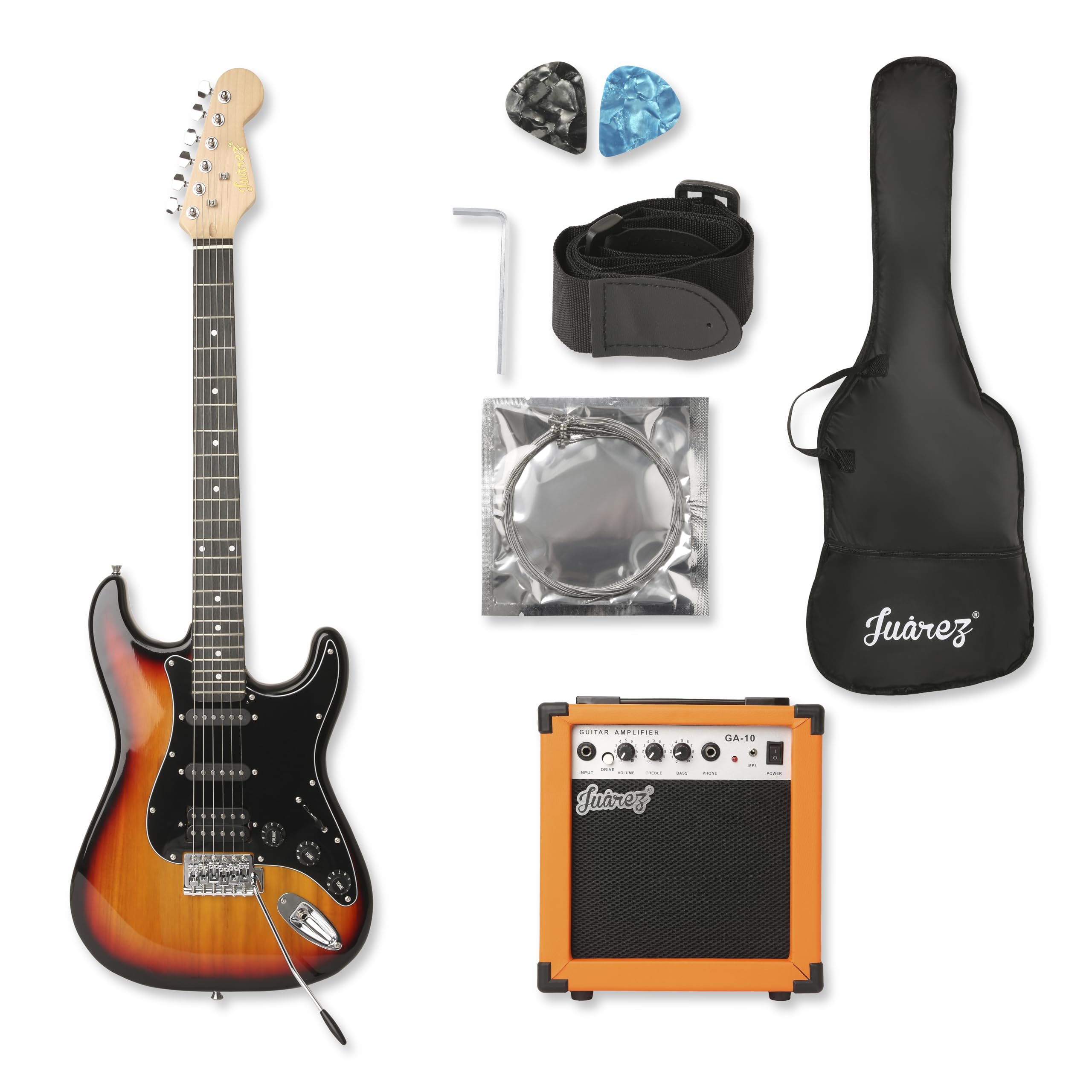 Juarez JrzSt01Kit3Ts FullSize HSS Electric Guitar Kit For Beginners | Includes Amplifier, Cable, Strap, Picks & Gig Bag  Su