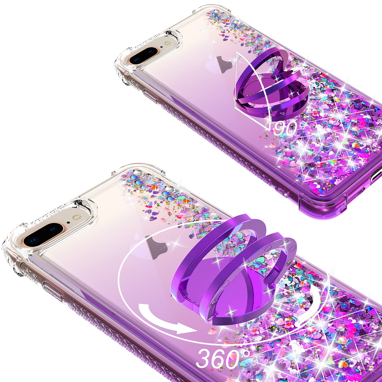WORLDMOM iPhone 7 Plus 8 Plus Case Moving Liquid Glitter Waterfall TPU with Ring Kickstand Lightpurple