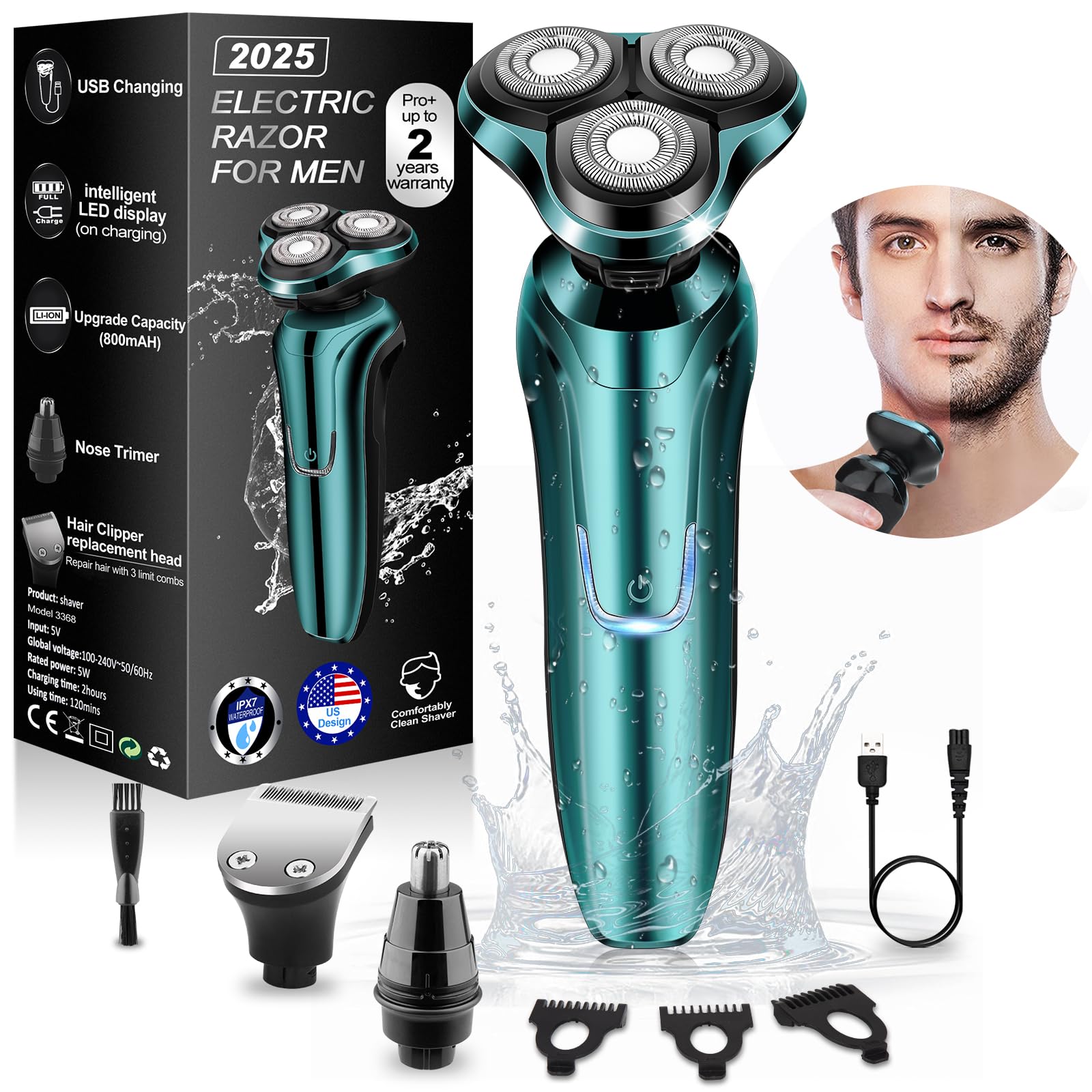 Electric Razor for Men, Mens Rotary Shavers, Waterproof, Wet and Dry Rechargeable Electric Shaver for Mens Faces with a Cordle