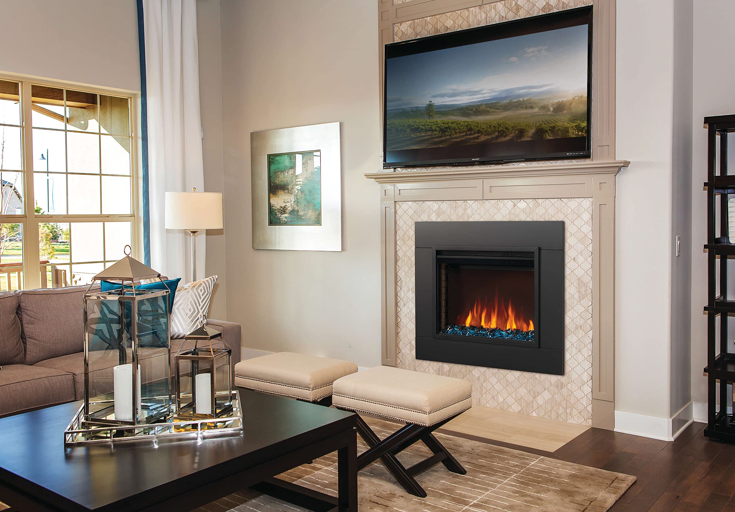 Napoleon Cineview 26   Nefb26H   Built In Electric Fireplace, 26 In, Black, Glass Front, Glass Crystal Ember Bed, Optional Burnt