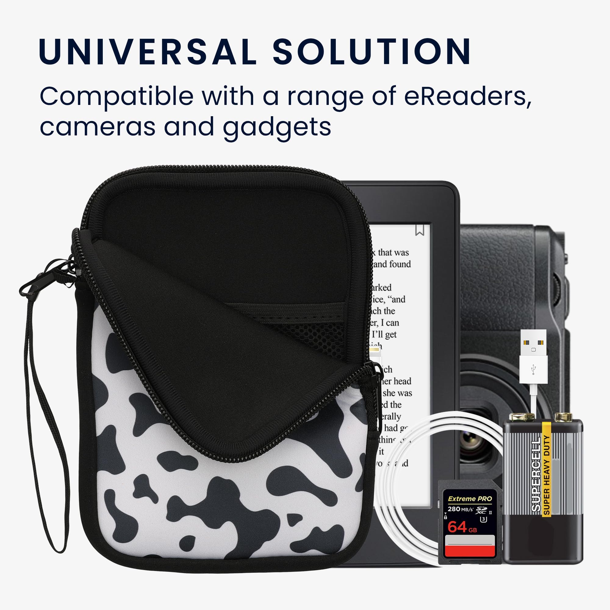 Kwmobile Neoprene E Reader Pouch Size 6'' Ereader   Universal Ebook Sleeve Case With Zipper, Wrist Strap   Black/White