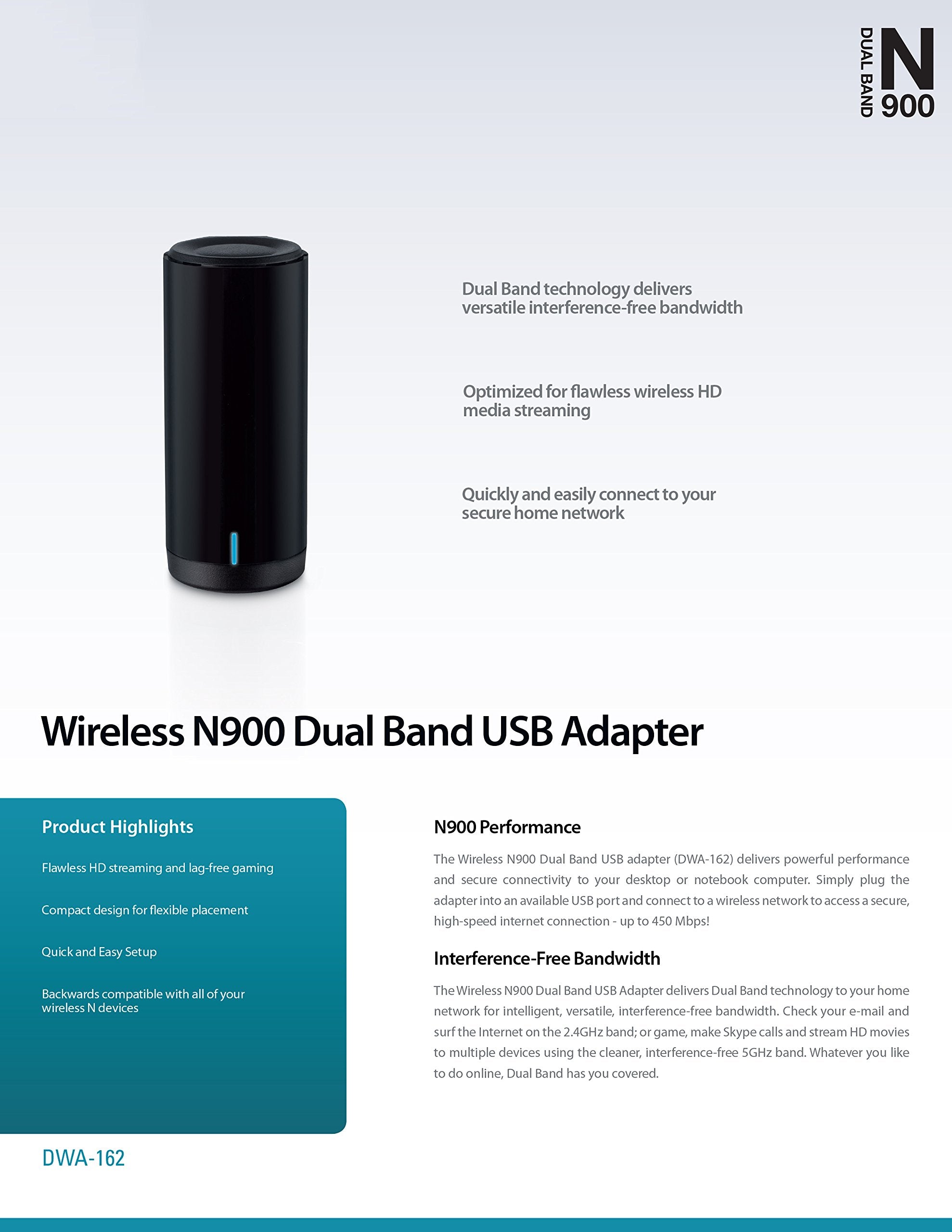 D-Link Wireless Dual Band N-900 Mbps Usb Wi-Fi Network Adapter (Dwa-162)