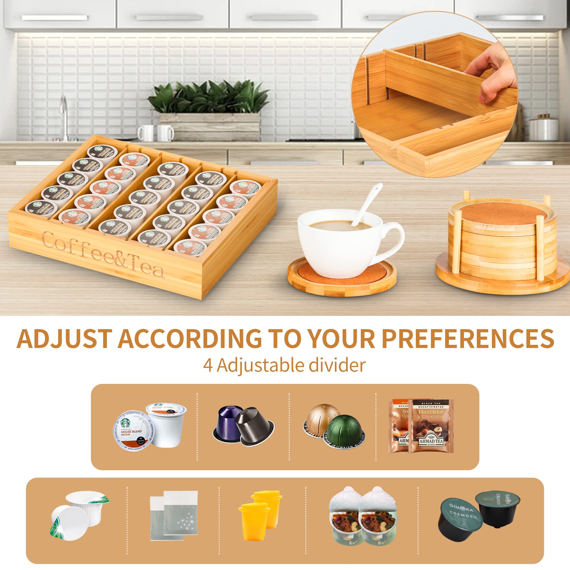 Minboo Bamboo K Cup Holder For Drawer Or Countertop Coffee Pod Holder 25 36 K Cup Pod Storage Tea Bag Organizer K Cup Storage Fo