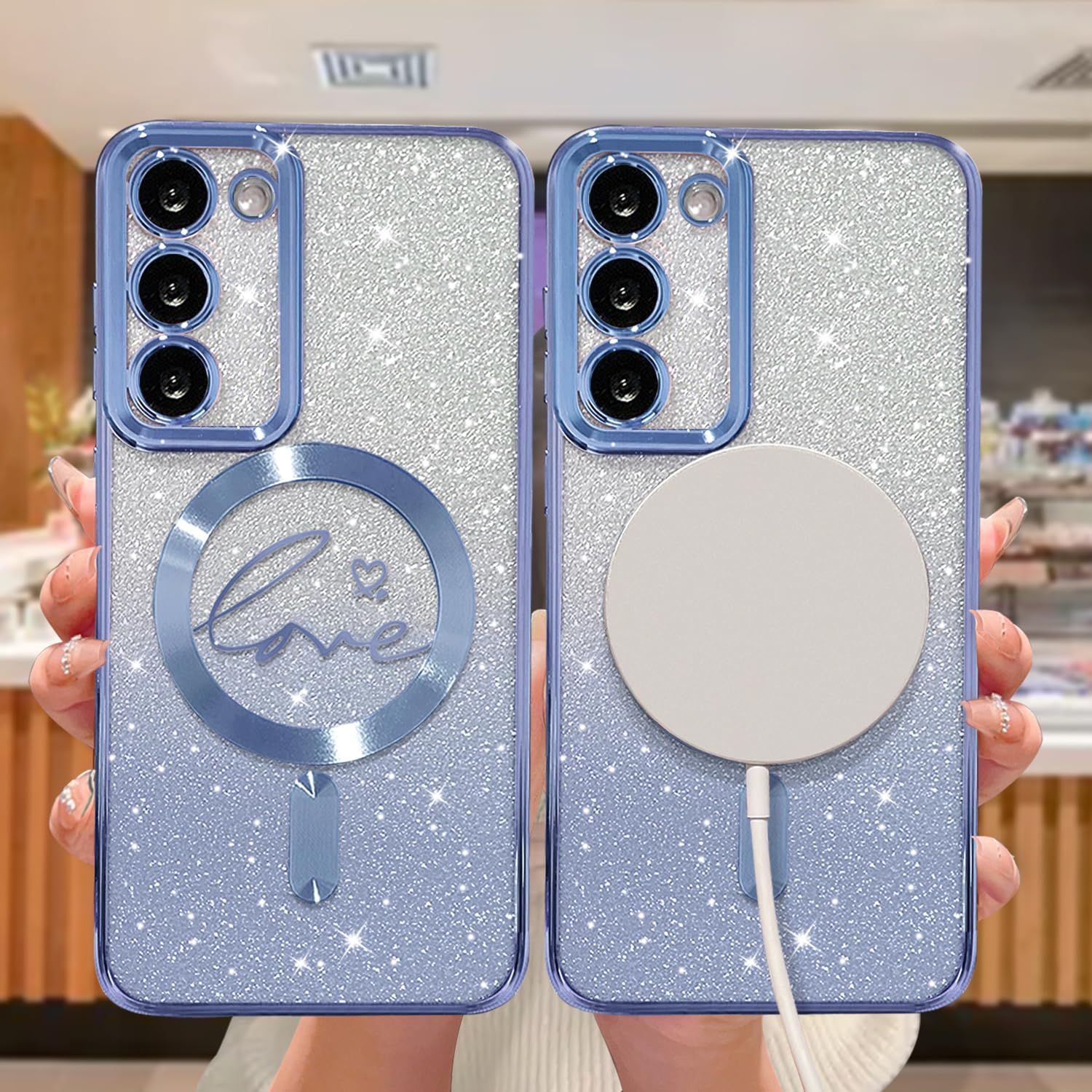 Zonrw For Samsung Galaxy S23 Plus Case Magnetic,For Women Girl Soft Cute Luxury Love Heart Plating Bling Gradient Glitter Phone