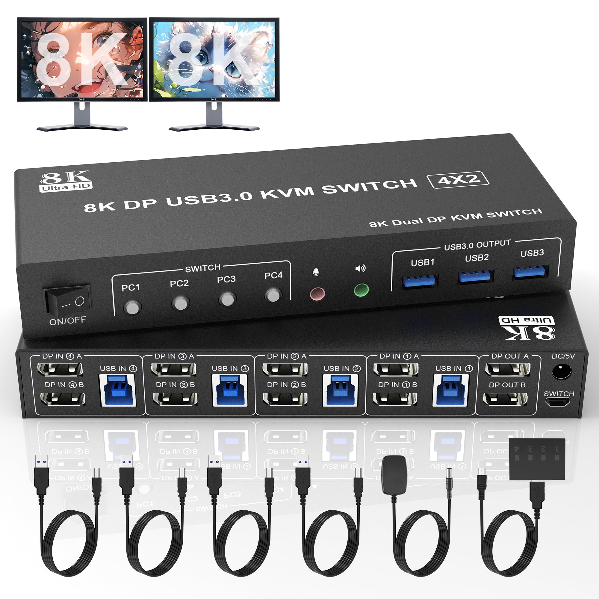 8K@60Hz Displayport Usb 3.0 Kvm Switch 2 Monitors 4 Computers, Dp1.4 Kvm Switch Dual Monitor With Audio Microphone Output And 3