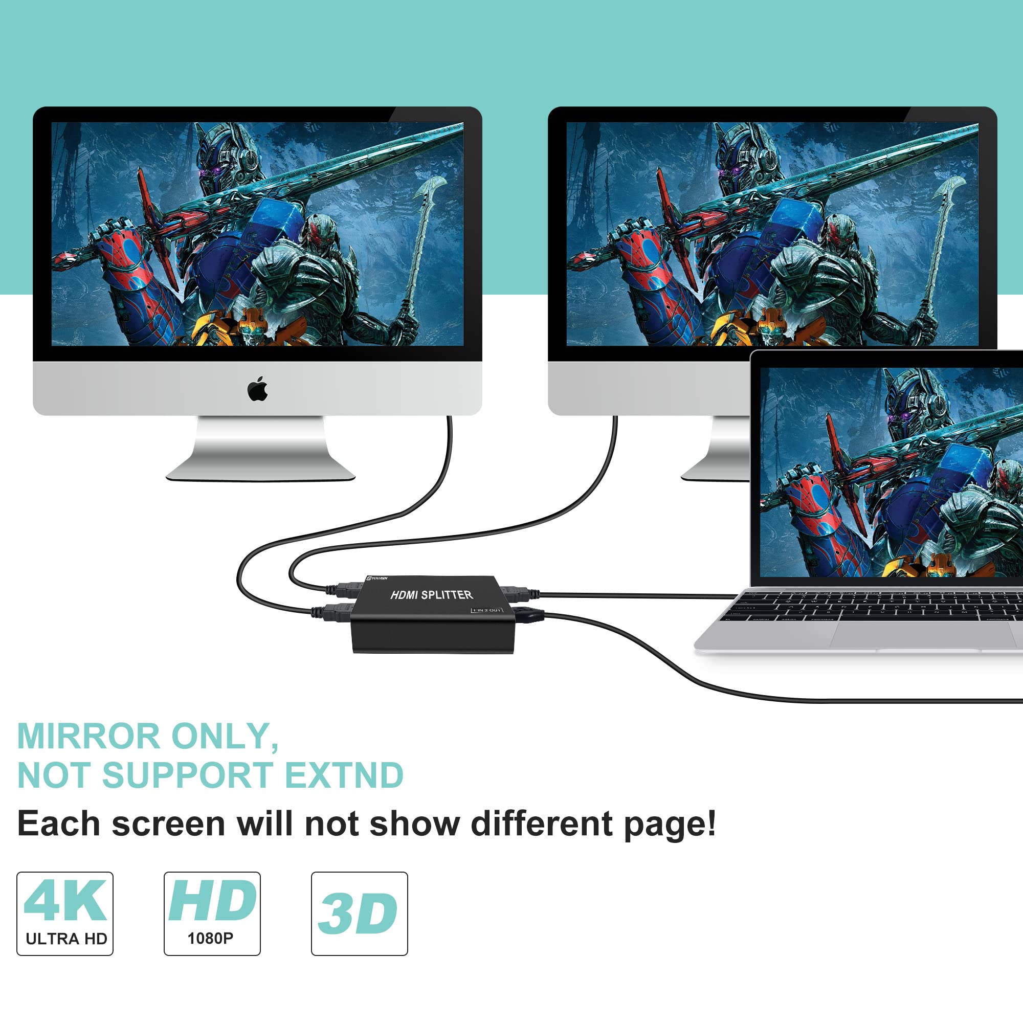 Hdmi Splitter With Hd Hdmi Cable, 1 In 2 Out 4K Hdmi Splitter For Full Hd 4K@30Hz 1080P 3D Splitter (1 Hdmi Source To 2 Hdmi Dis