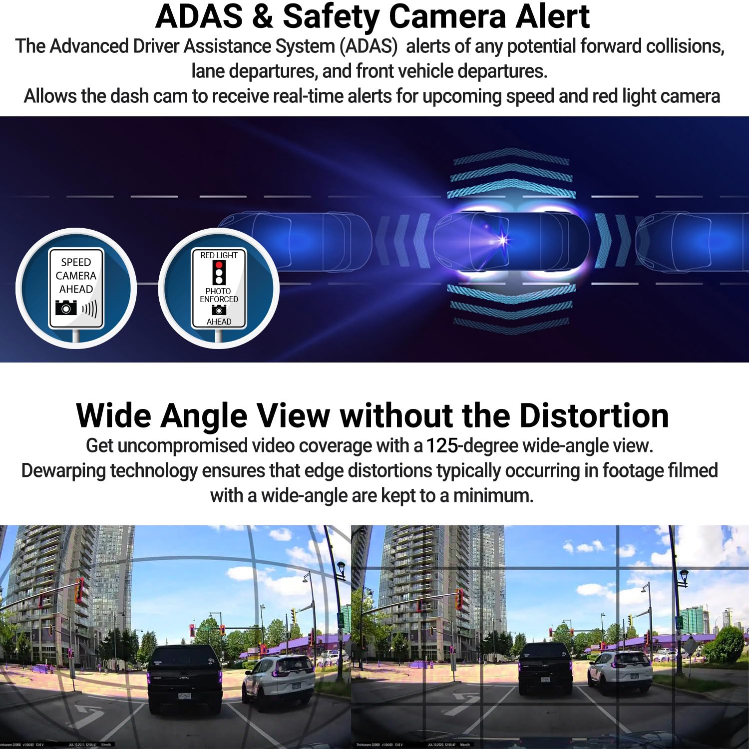 Thinkware Q200 2Ch Dash Cam 2K Front 1080P Rear Car Dashboard Camera, Wifi, Wdr, Speed Red Light Alerts, Adas, 256Gb Max, Parkin