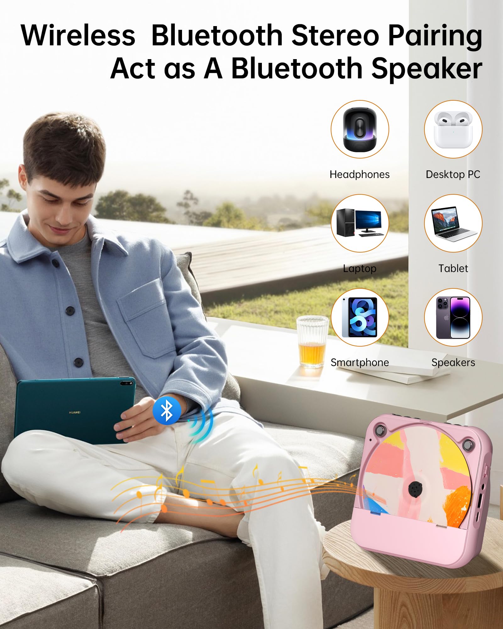 Portable Cd Player With Bluetooth, Rechargeable Wireless Mini Desktop For Home With Hifi Speaker, Cute Cd Player Remote Control,