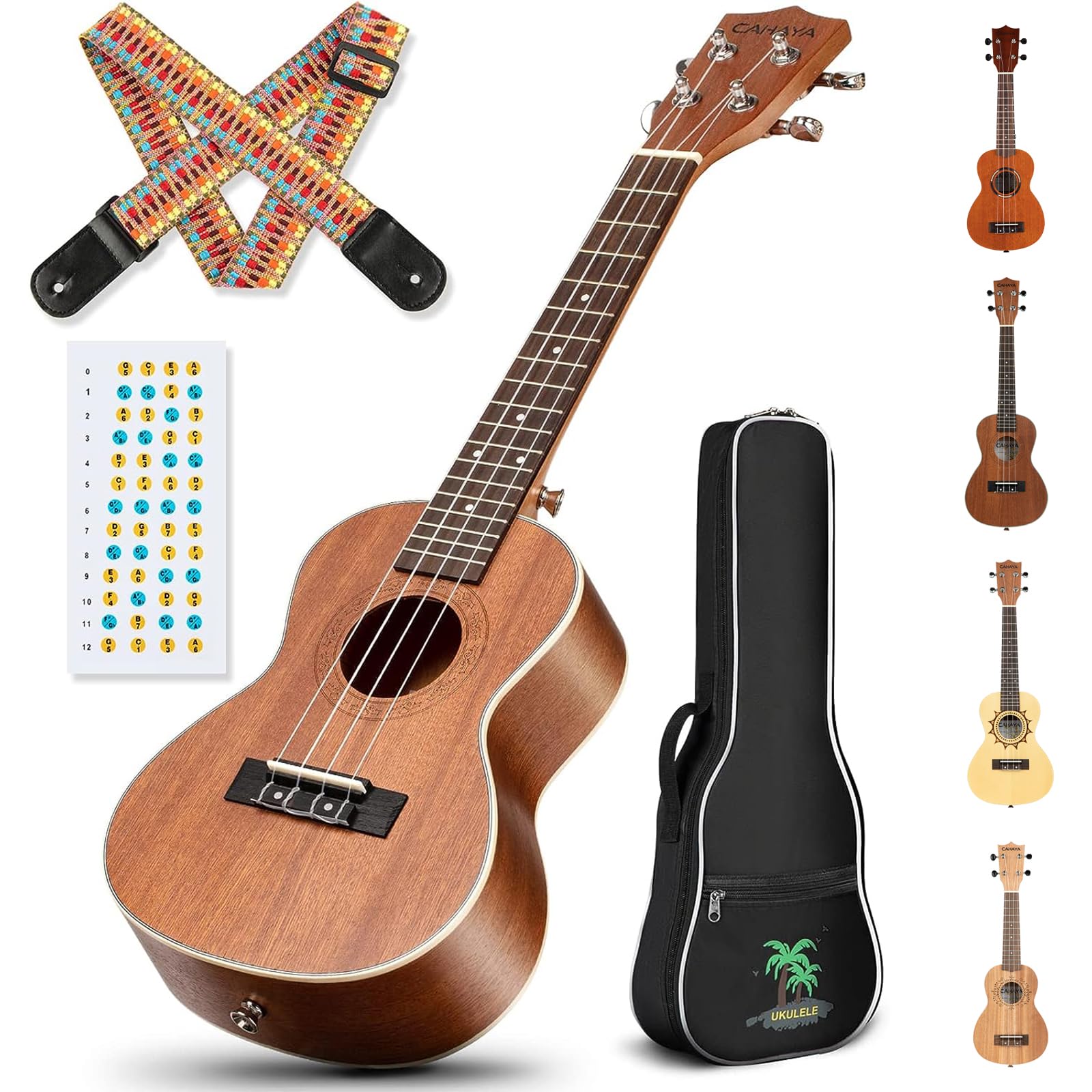 CAHAYA Concert Ukulele Kit Beginner Starter 23 Inch with Gig Bag, Rainbow Strap, Fretboard Stickers, for Both Adults and Kids, S