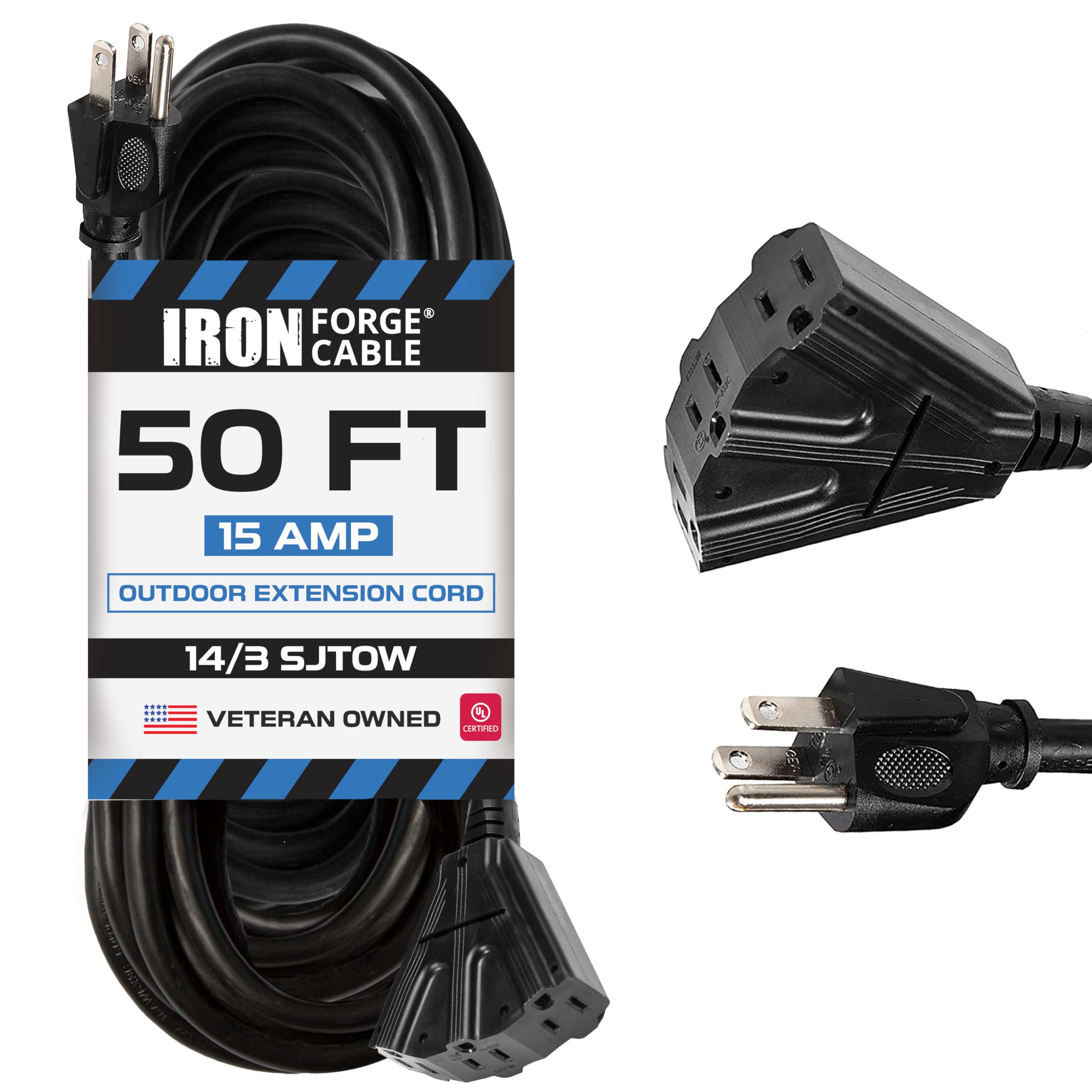 Iron Forge Cable Oil Resistant 15 Amp Heavy Duty Extension Cord 50 Ft 3 Outlet, Sjtow 14 Gauge Black Extension Cord With Multipl