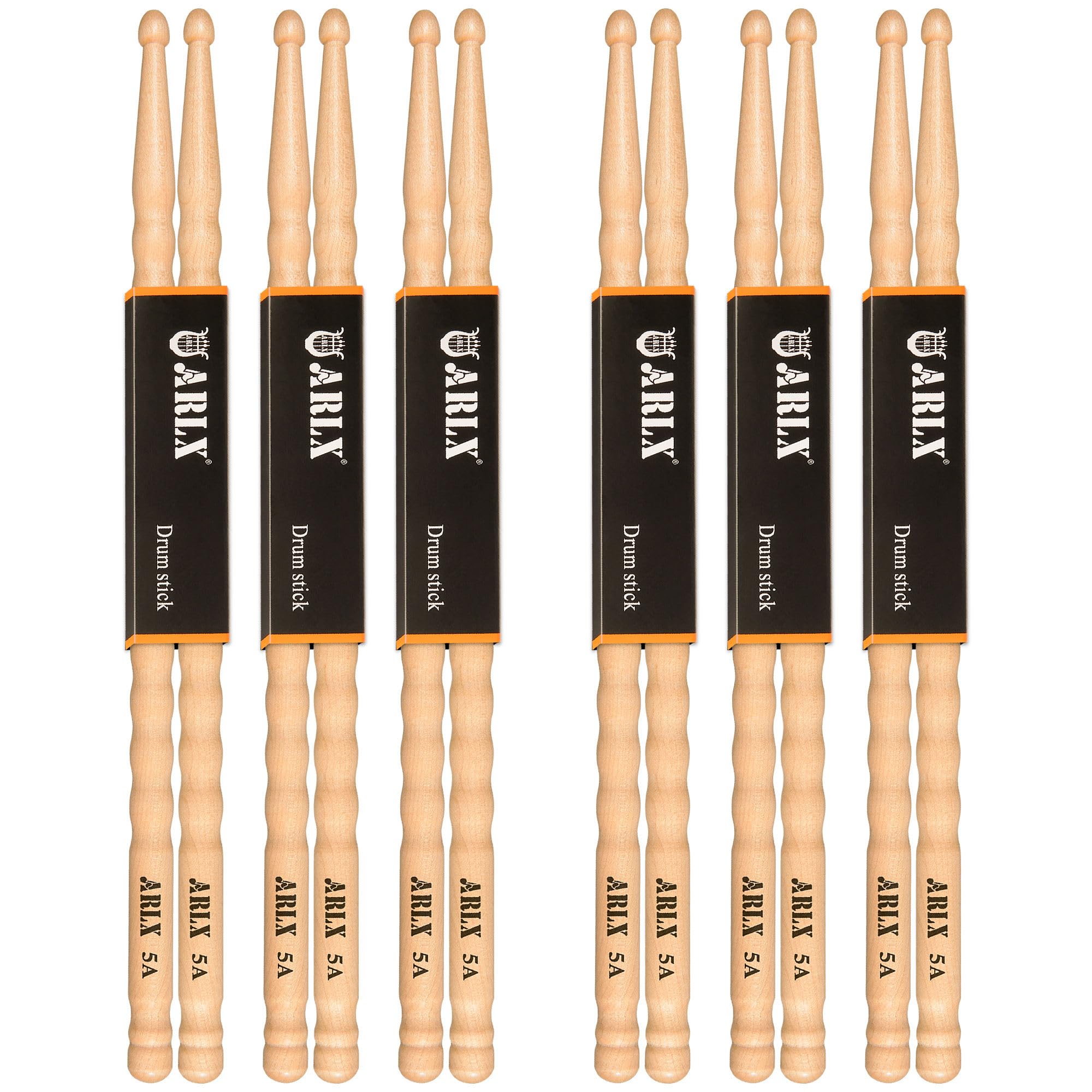 Arlx Drum Sticks 5A 6 Pair Maple Wood Drumsticks Non Slip Wave Design For Drums (6 Pair Wave 5A Drum Sticks)