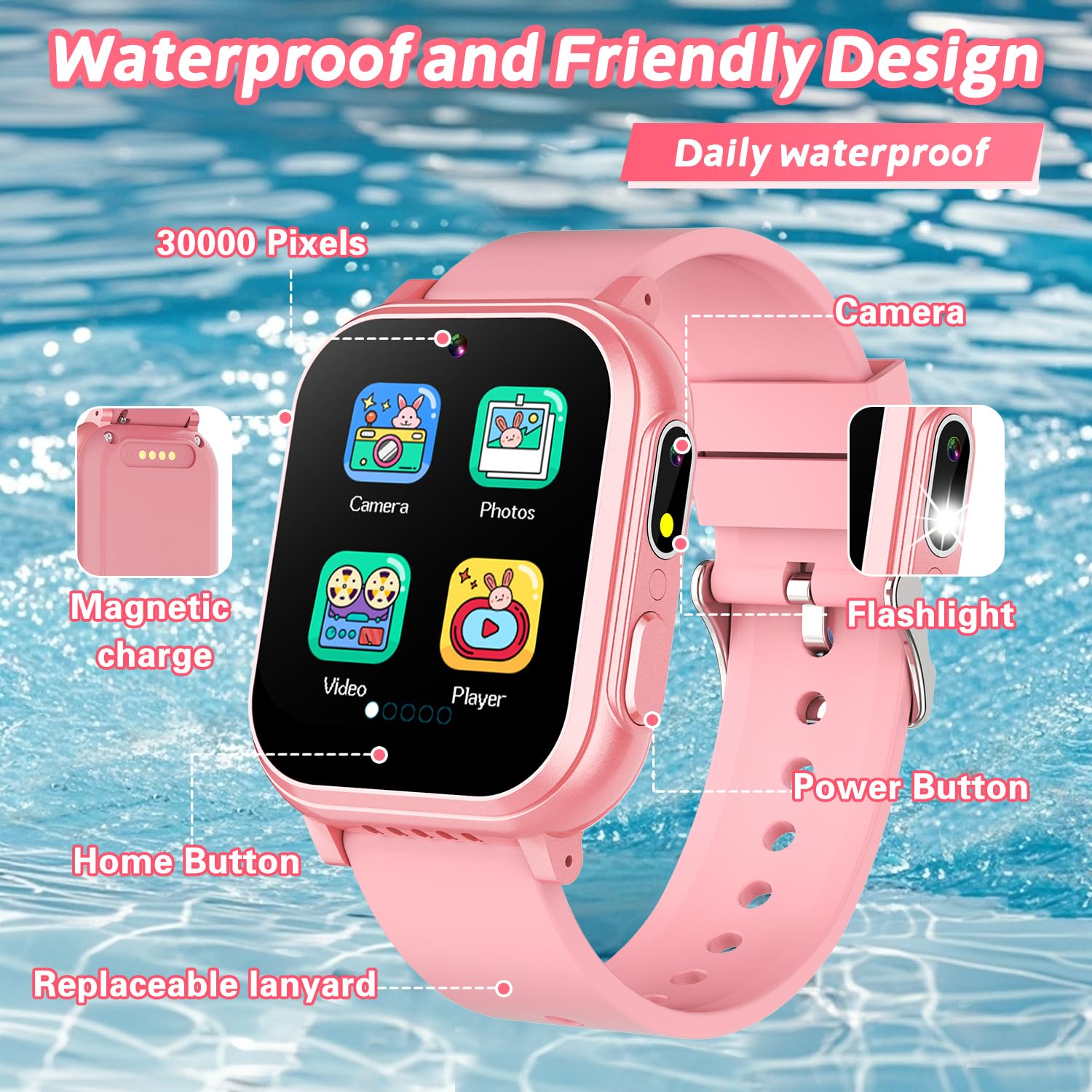 Cosjoype Kids Waterproof Smart Watch With 32 Games Dual Camera Hd Touchscreen Music Player Pedometer Flashlight Habit Tracking A