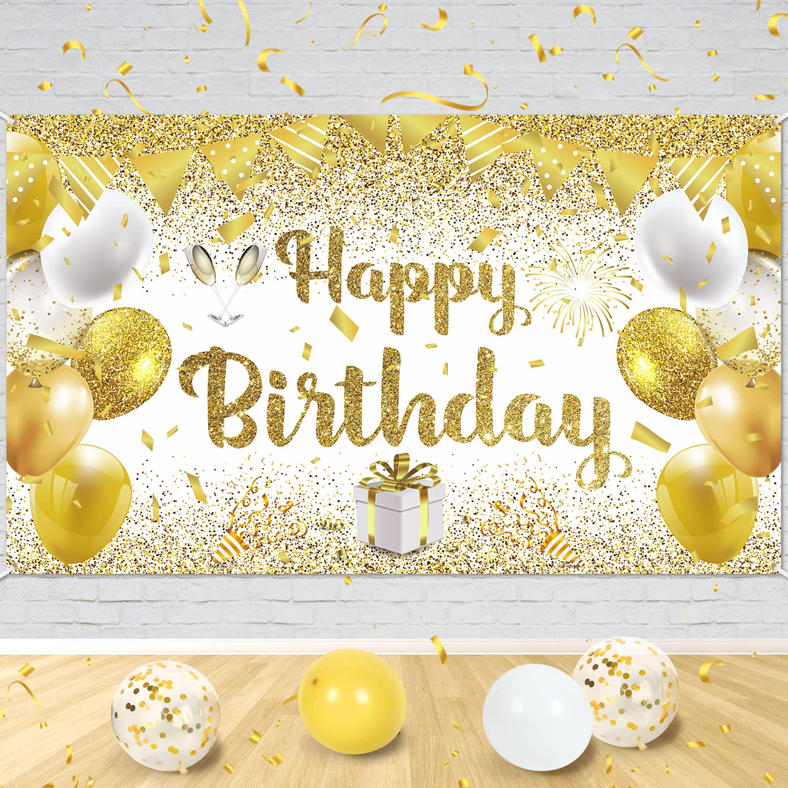 Gold White Birthday Party Decorations Banner, Gold And White Happy Birthday Banner, Large Gold White Birthday Banner Party Decor