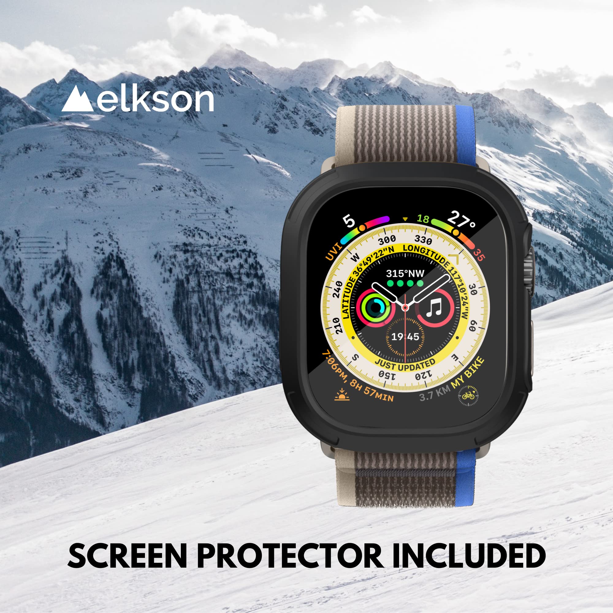 Elkson Compatible Apple Watch Ultra Bumper Case & Screen Protector Kit 49Mm Quattro Max Series Rugged, Military Grade Durable Fl