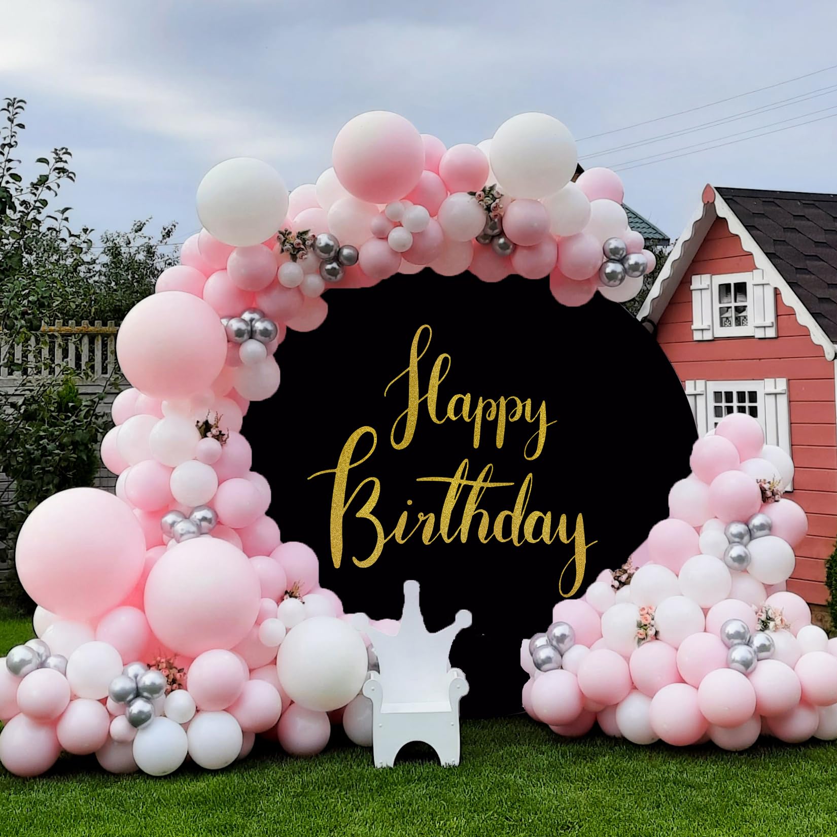 Jditngp 6.5Ftx6.5Ft Gold Happy Birthday Sign Round Backdrop Cover,Black Round Backdrop Cover Happy Birthday Party Decoration Bla