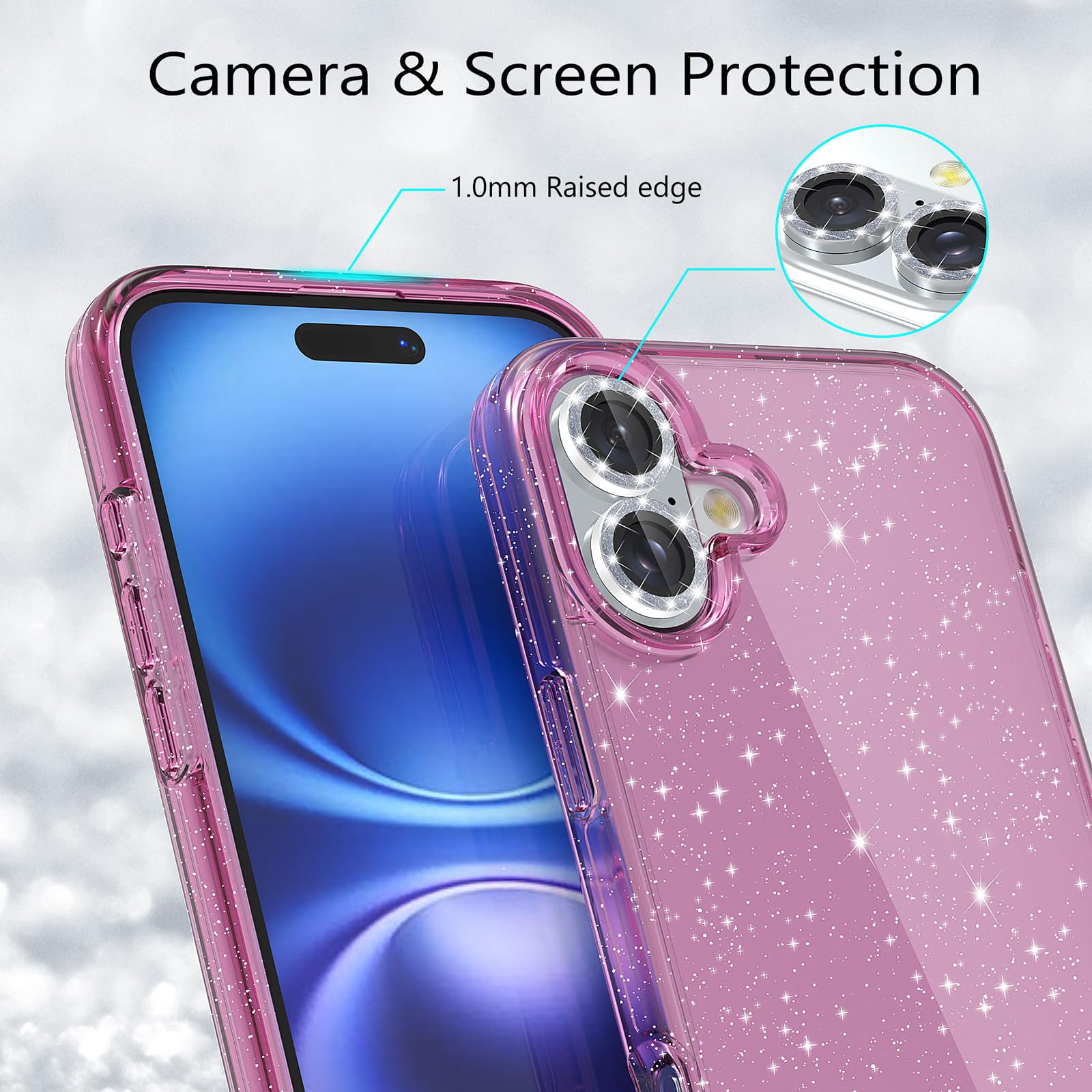 Jasmeas Glitter Case For Iphone 16, With [2 Pack] Screen Protector & [2 Pack] Camera Lens Protector Sparkle Pc Hard Soft Tpu Sil