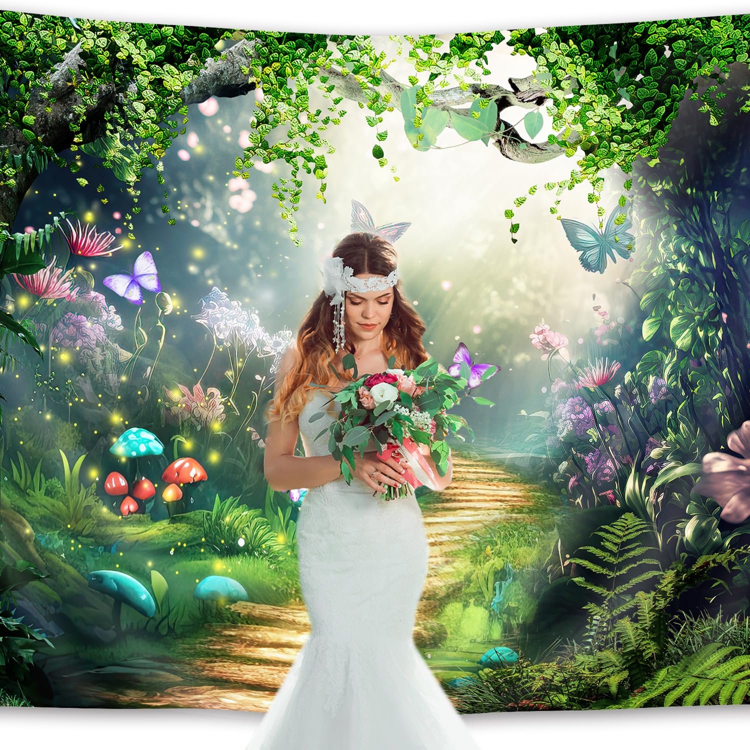 Imirell Princess Castle Birthday Backdrop 7Wx5H Feet Pink Girls Fairy Tale Rainbow Flower Butterfly Polyester Fabric White Horse