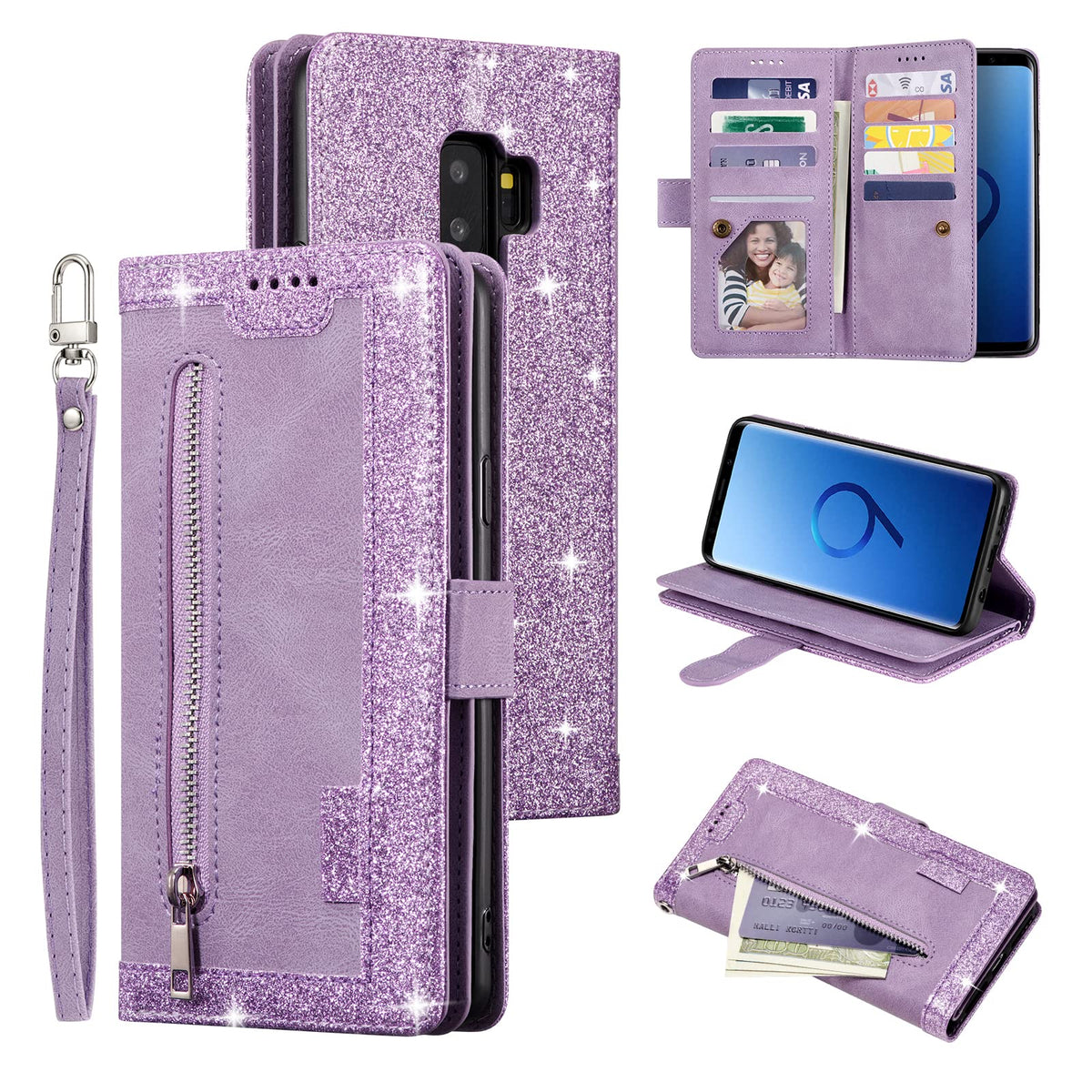 Ueebai Wallet Case For Samsung Galaxy S9, Retro 9 Card Holder Slots Zipper Pocket Handbag Case Pu Leather Magnetic Closure Kicks