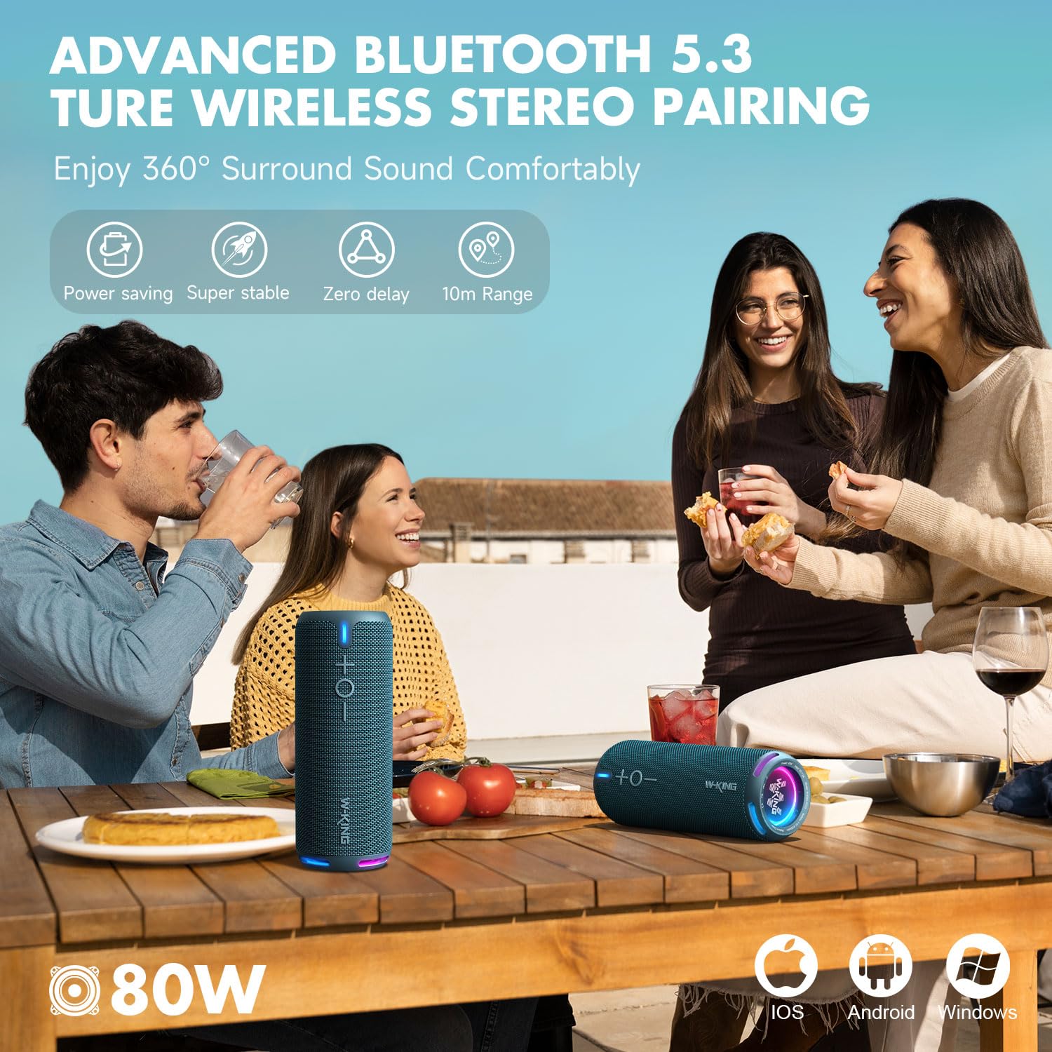 W King Portable Bluetooth Speakers Loud, Ipx7 Waterproof Outdoor Speakers Wireless, App Customized Eq, Dual Voice Coil/Deep Bass, 360� Sound With Lights/V5.3/Tf/Aux, 40W Party Boombox Shower Speaker