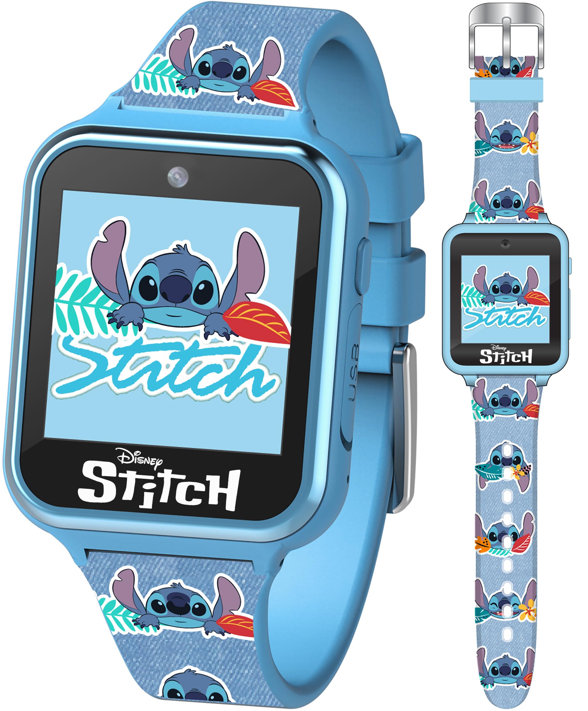 Disney Stitch Kids Smart Watch With 10 Customizable Faces, Camera, Voice Recorder, Calculator, And Step Counter � Touchscreen Interactive Watch For Kids � Blue Silicone Strap