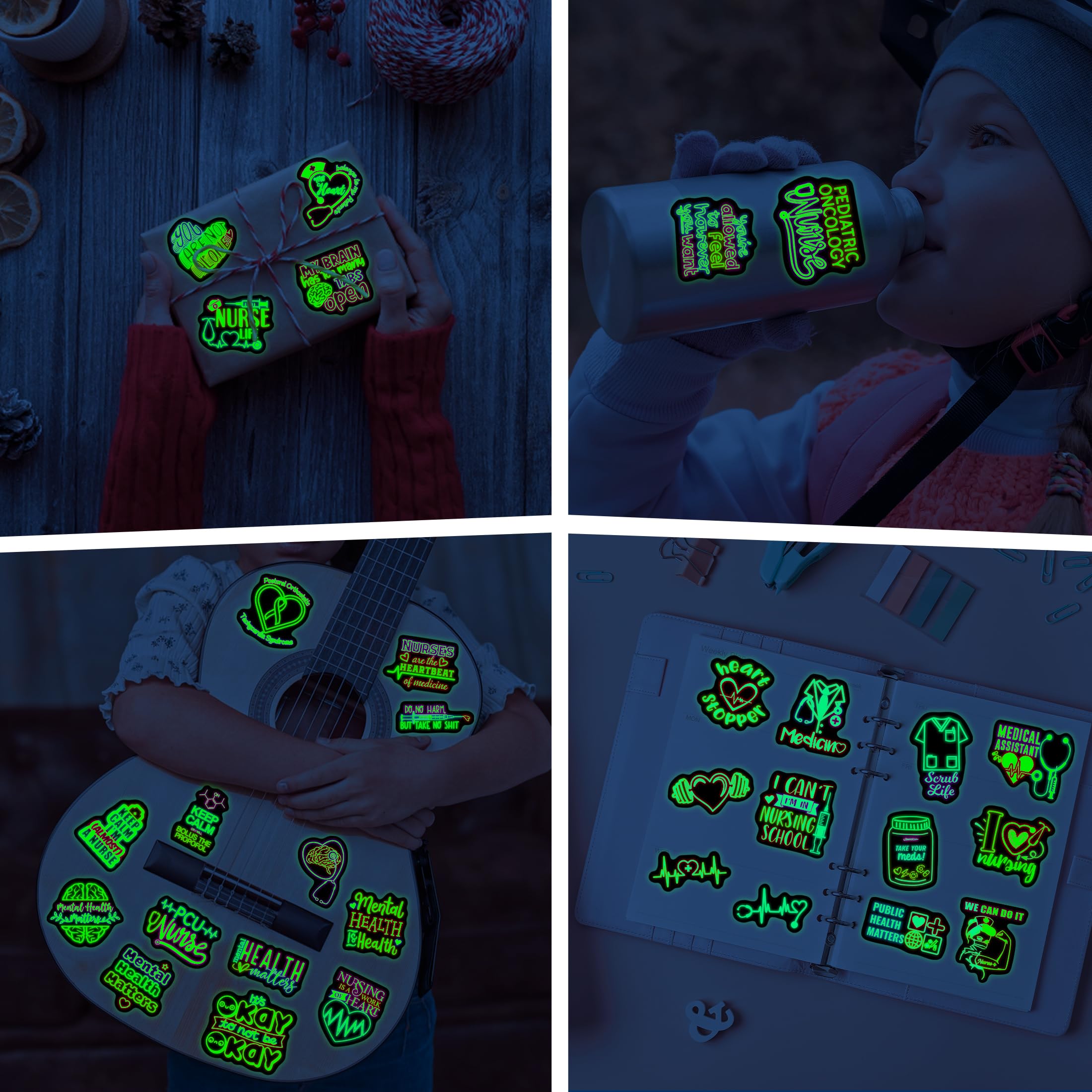 50 Pcs Glow In The Dark Inspirational Quotes Neon Water Bottle Stickers, Creative Nurse Doctor Themed Waterproof Vinyl Laptop De