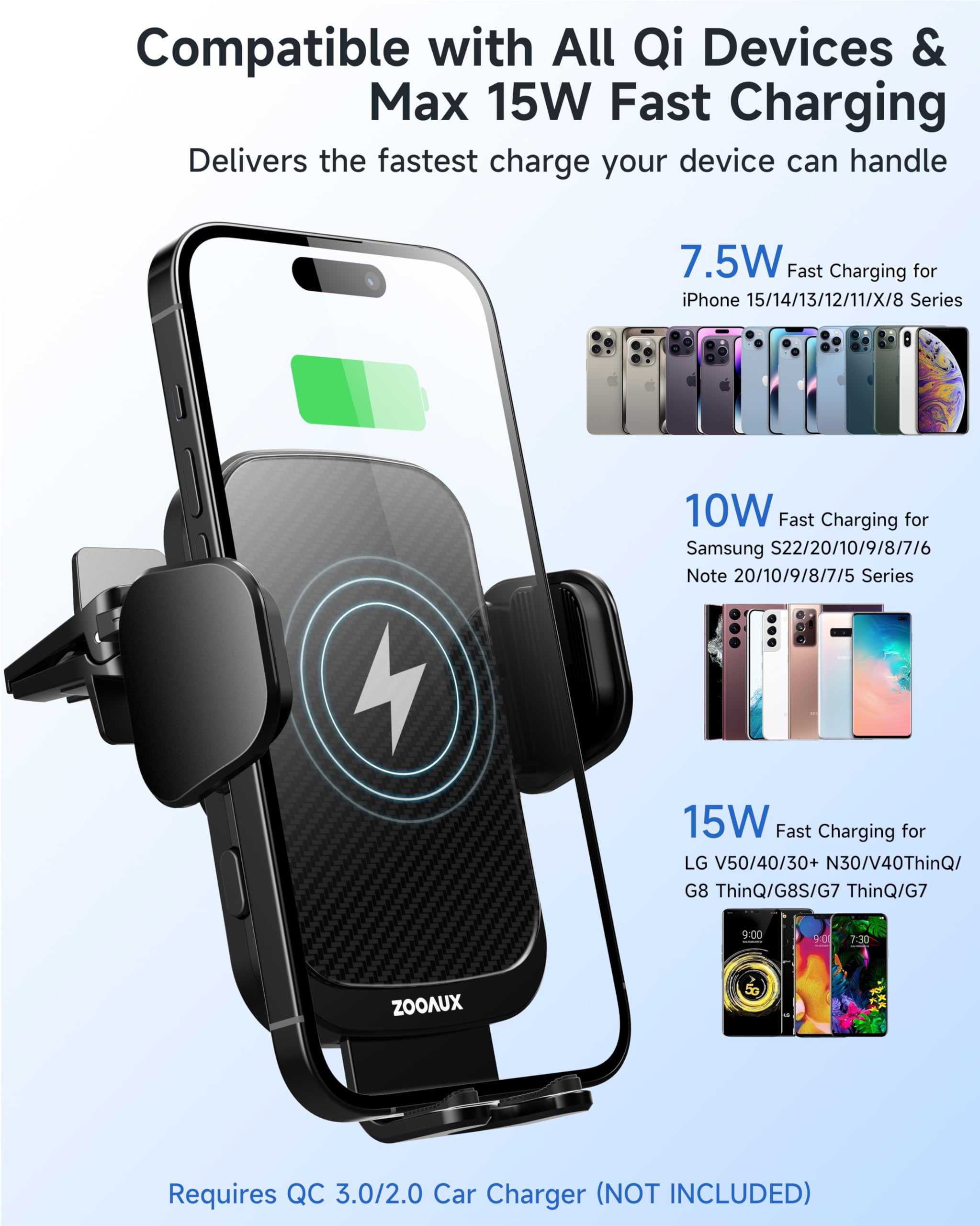 Zooaux Wireless Car Charger Vent Mount, 15W Fast Charging Auto Clamping Car Mount, Air Vent Car Phone Holder For Iphone 15/15 Pr